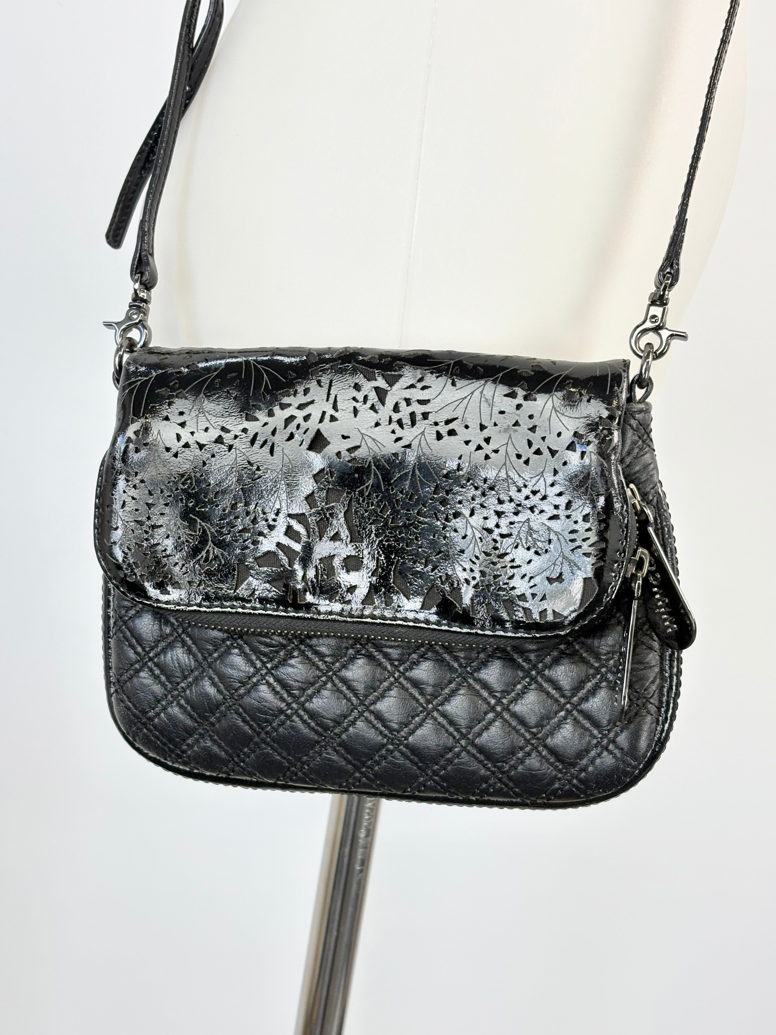 Mimco Black Quilted & Laser Cut Leather Mini Crossbody Bag