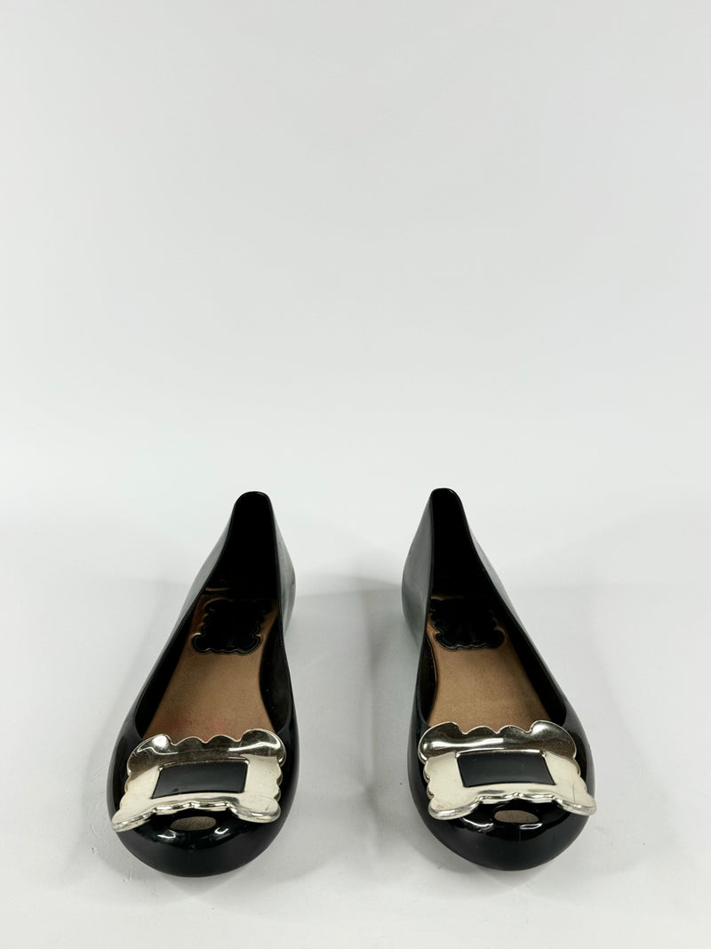 Vivienne Westwood x Melissa Black Silver Buckle Peep Toe Ballet Flats - EU38