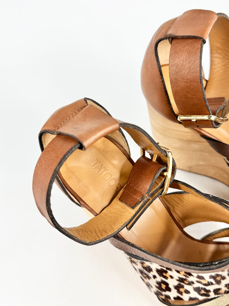 Tatoosh Tan & Leopard Print Peep Toe Wedges - EU38