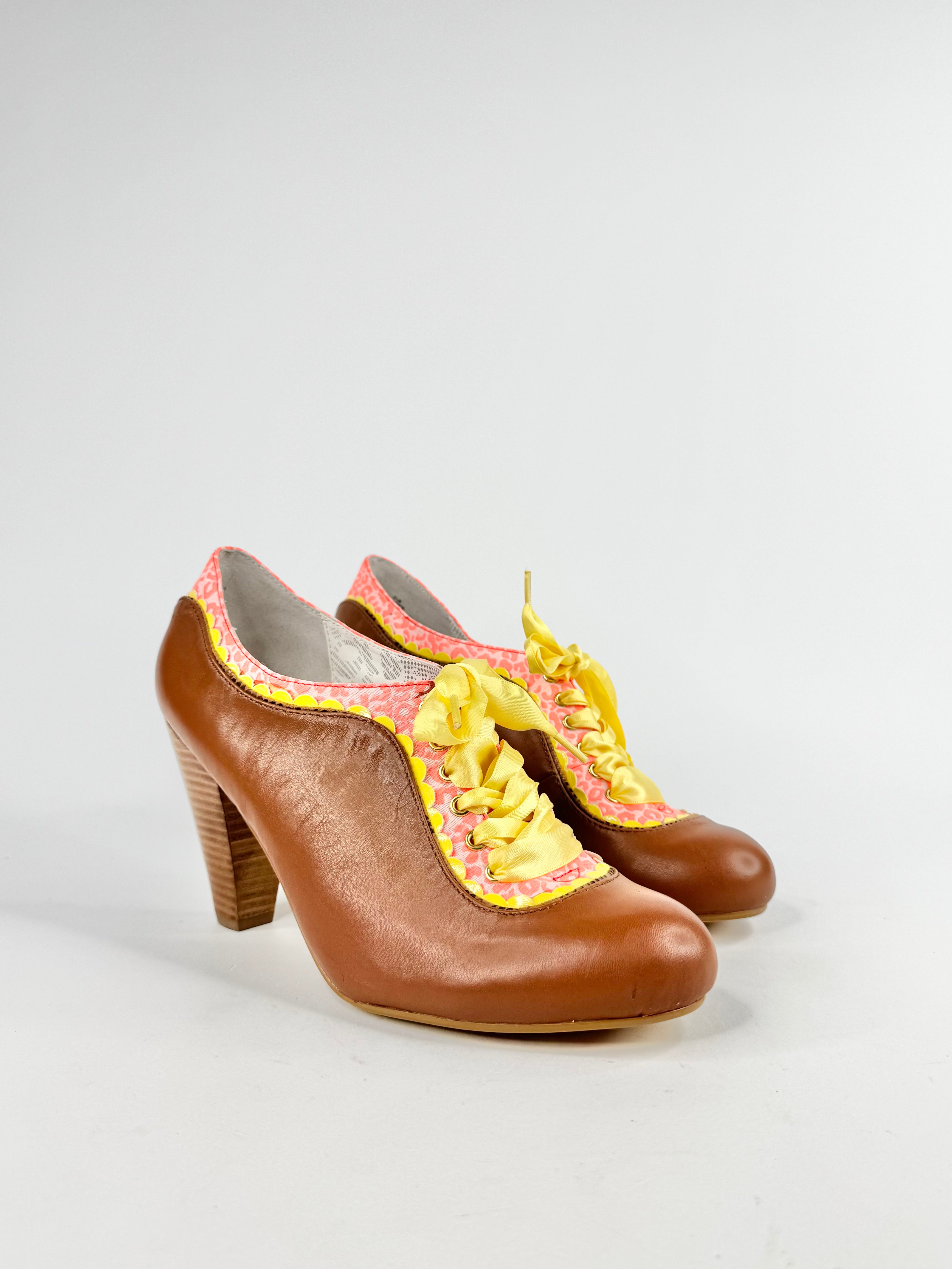 Poetic Licence Tan, Yellow & Pink Ribbon Lace Heels - EU40.5