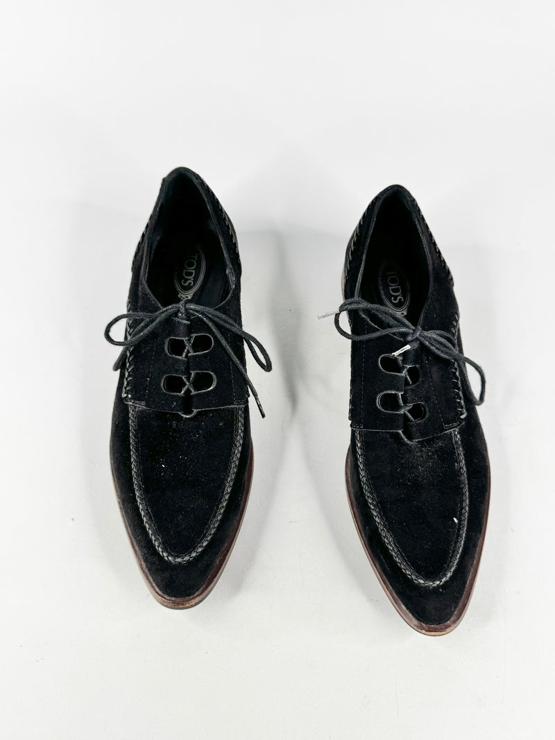 Tod's Black Suede Pointed Toe Lace Ups - EU38.5