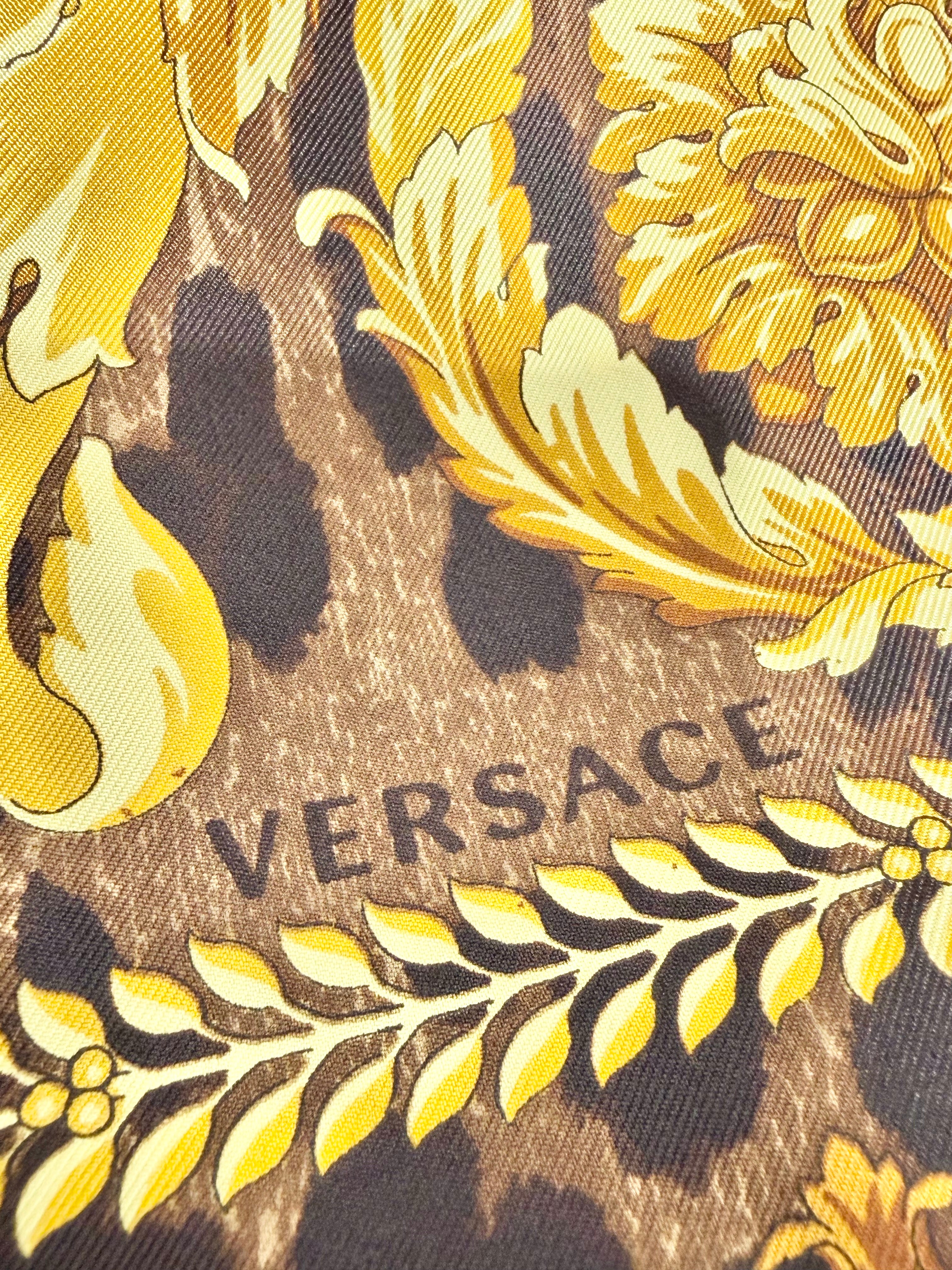 Versace Black Brocade & Leopard Print Hand-Rolled Silk Scarf