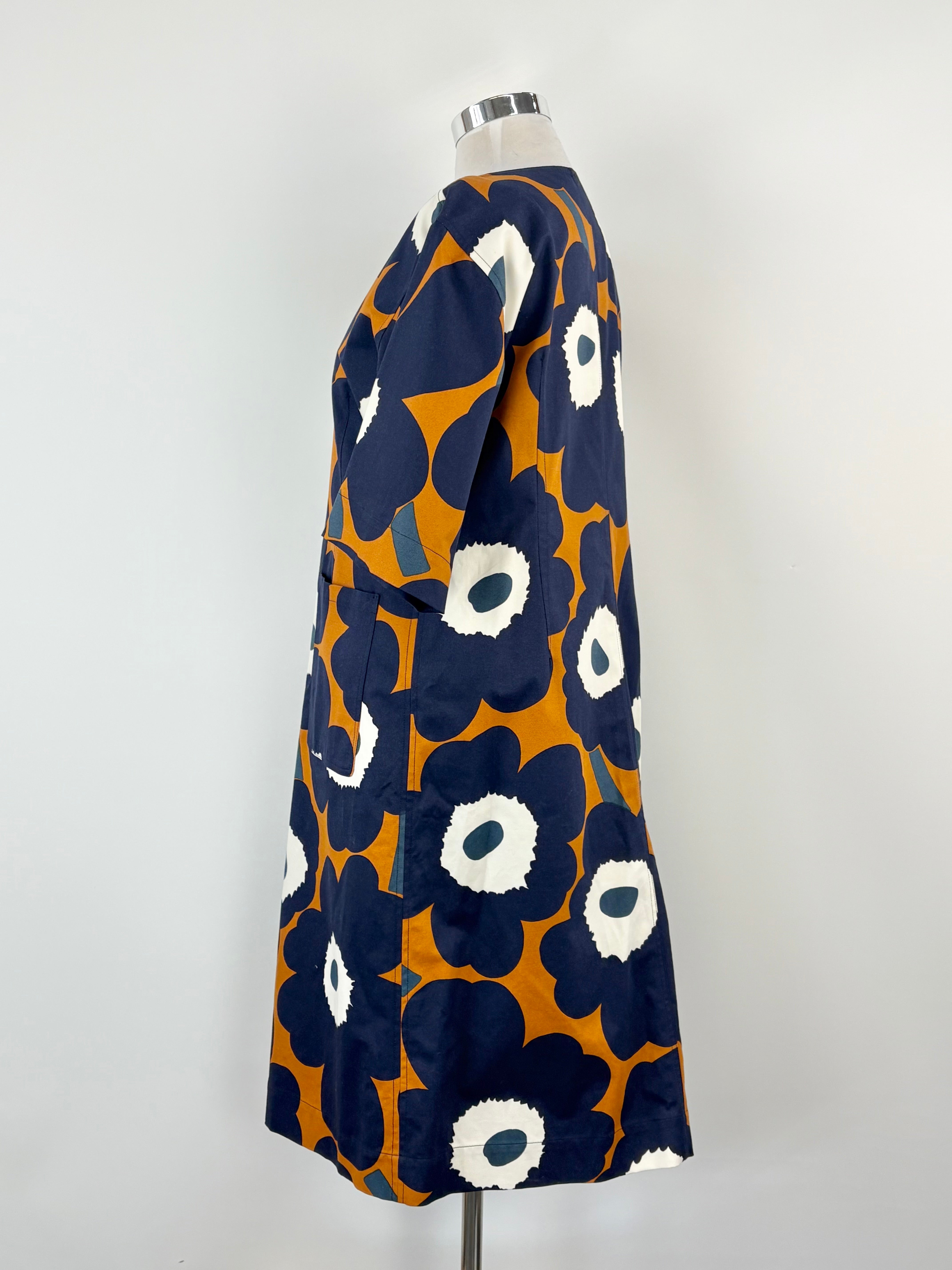 Marimekko Blue & Deep Orange 'Tahtimo' Unikko Maxi Dress - L