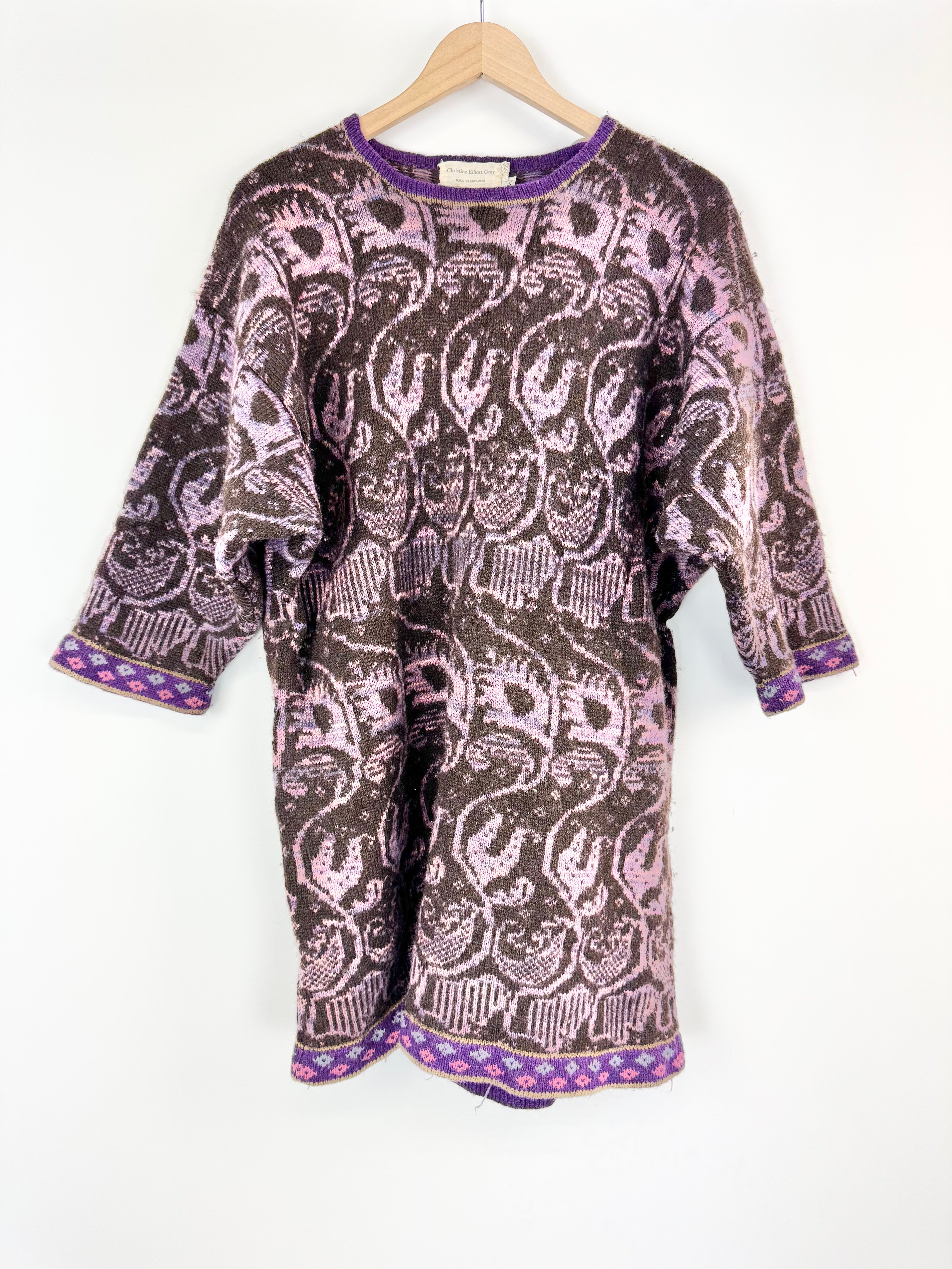 Christine Elliot Grey Purple and Brown Patterned Wool Dress - AU10
