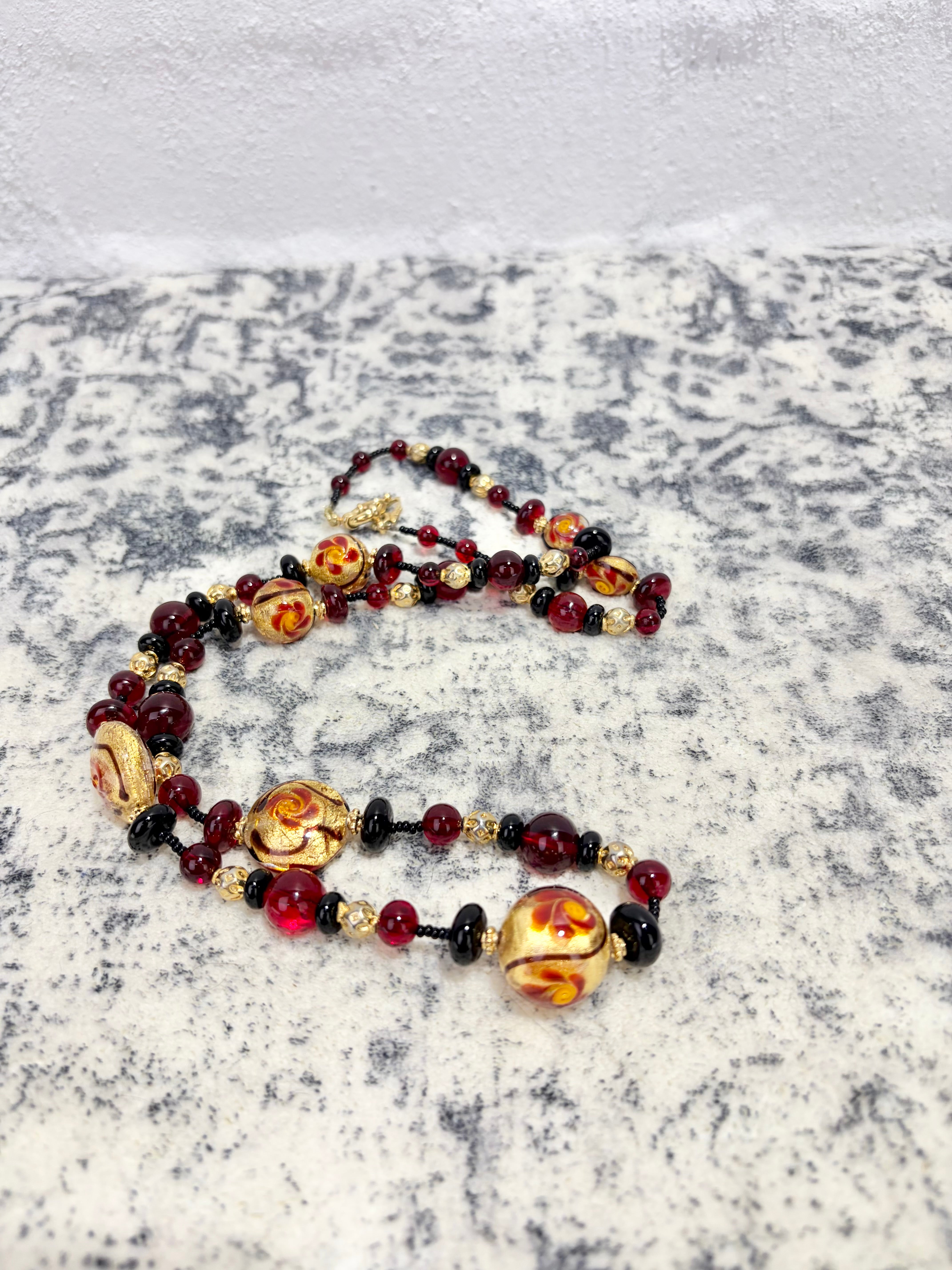Antica Murrina Garnet Red & Metallic Gold Rose Pattern Glass Bead Necklace