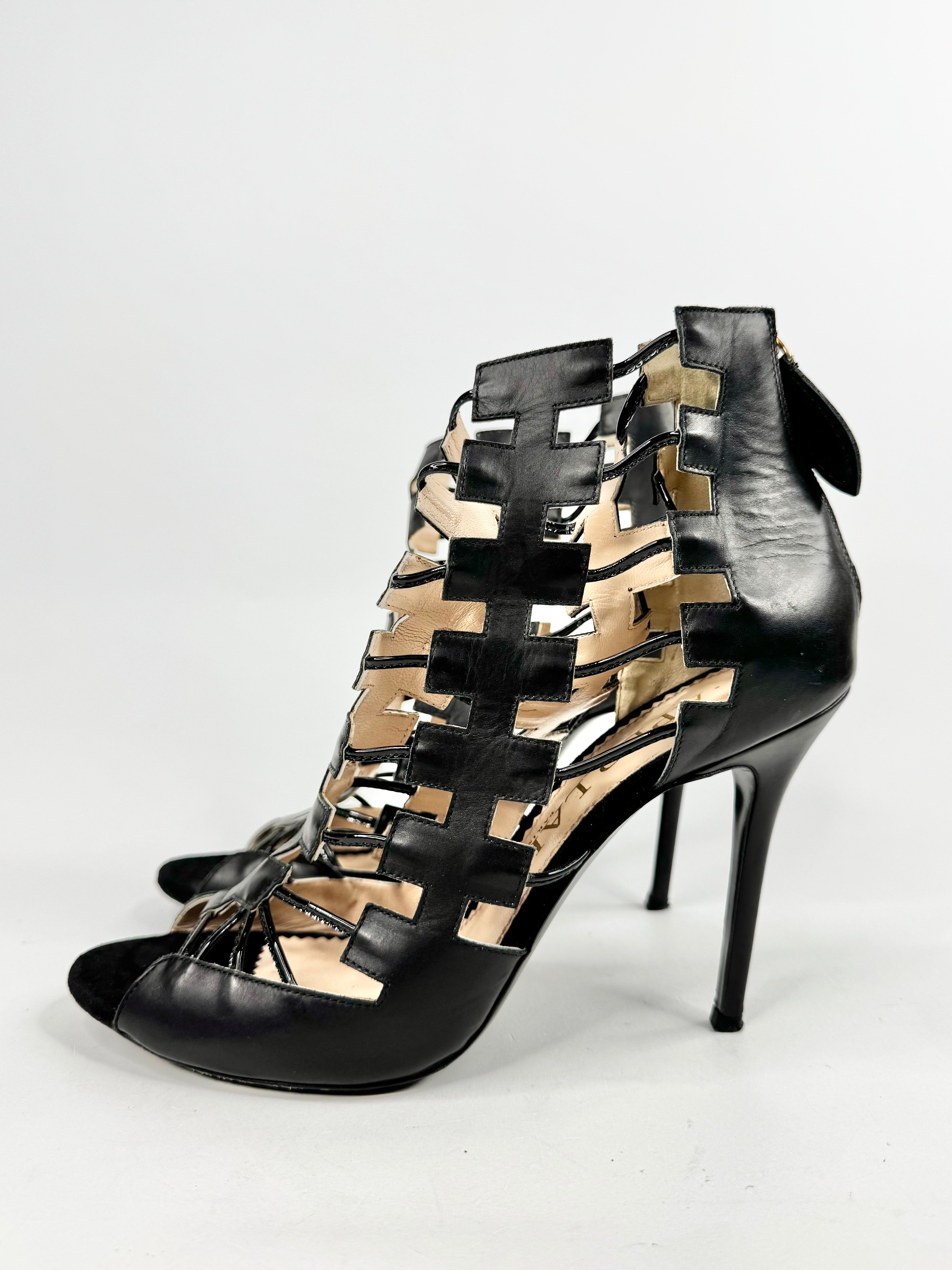 Aperlai Paris Black Leather 'Cross Booties' Stilettos - EU41