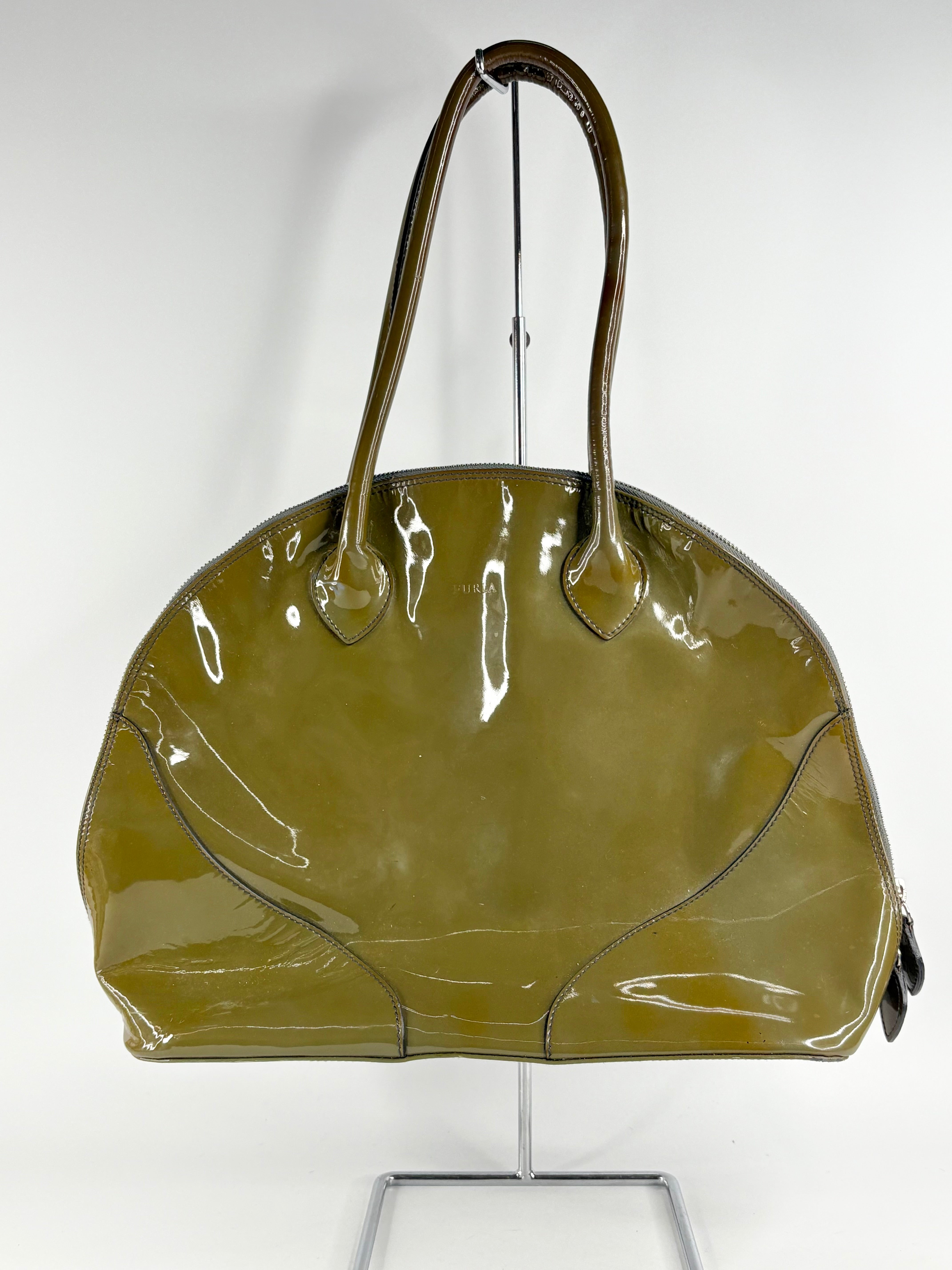 Furla Olive Green Patent Leather Bowling Bag