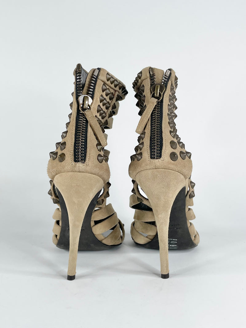 Giuseppe Zanotti X Balmain Beige Suede Studded Sandals - EU39