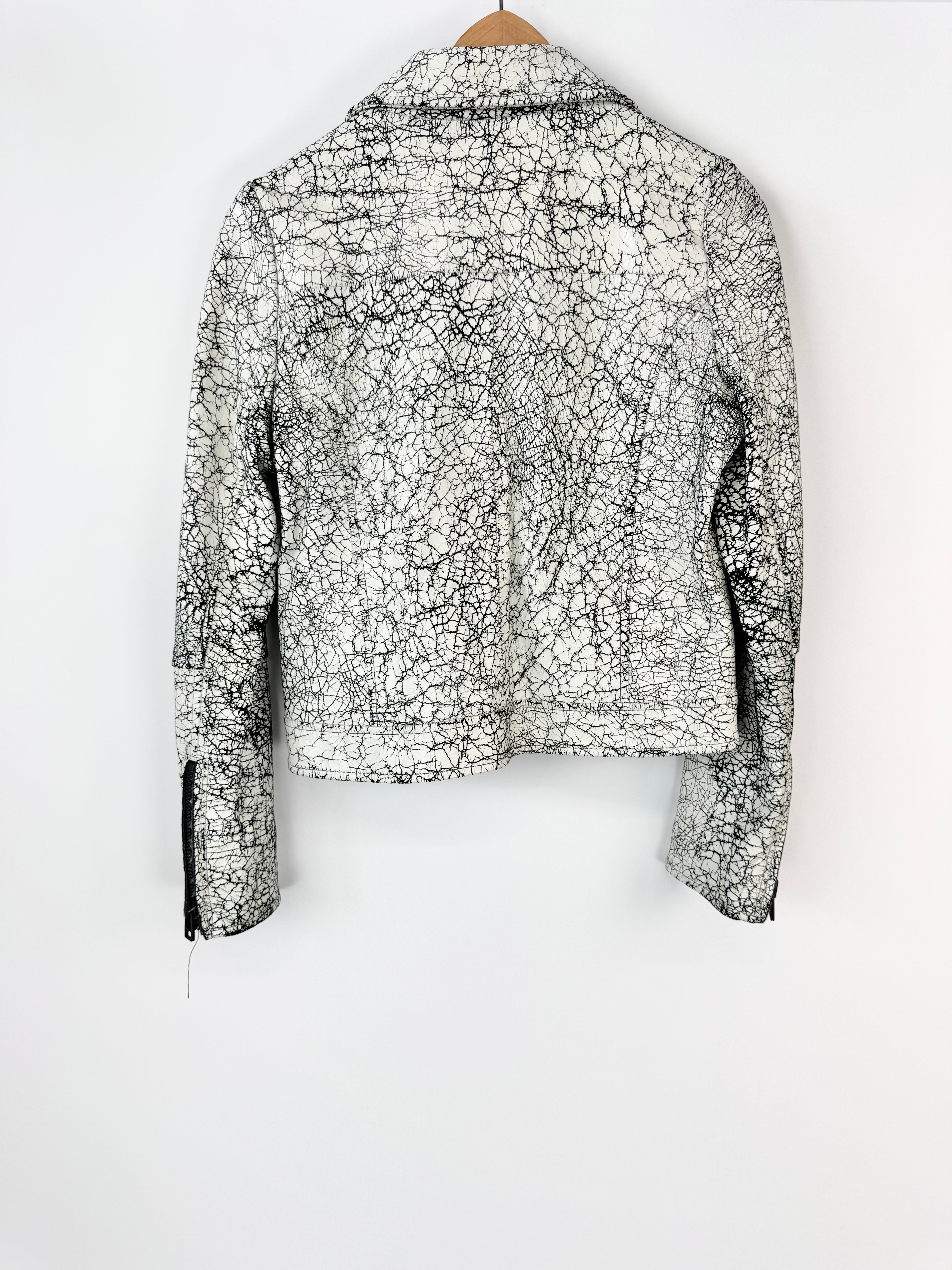 Life with Bird Black & White Crackle Leather Biker Jacket - AU8