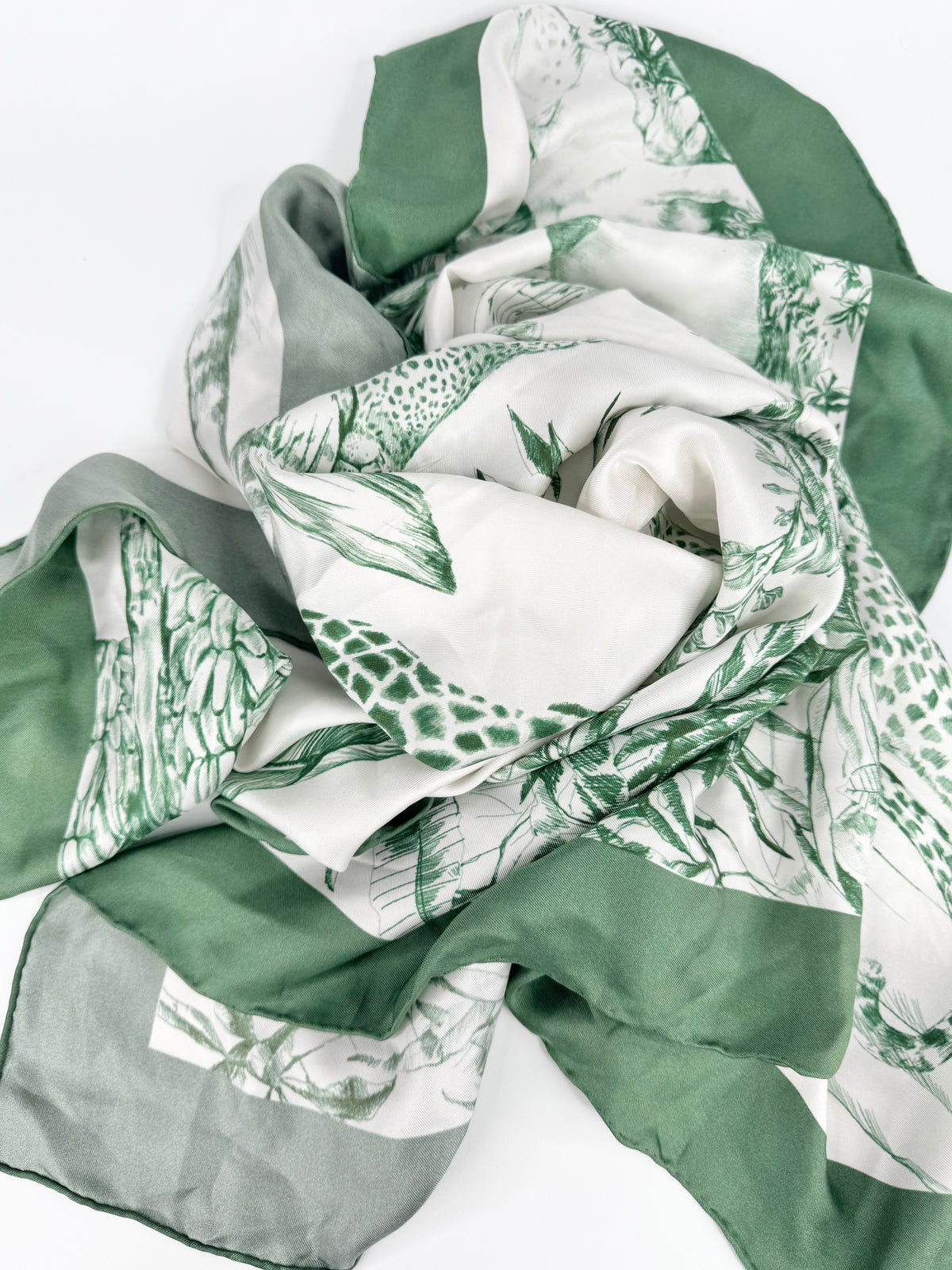 Green & White Safari Patterned Square Silk Scarf