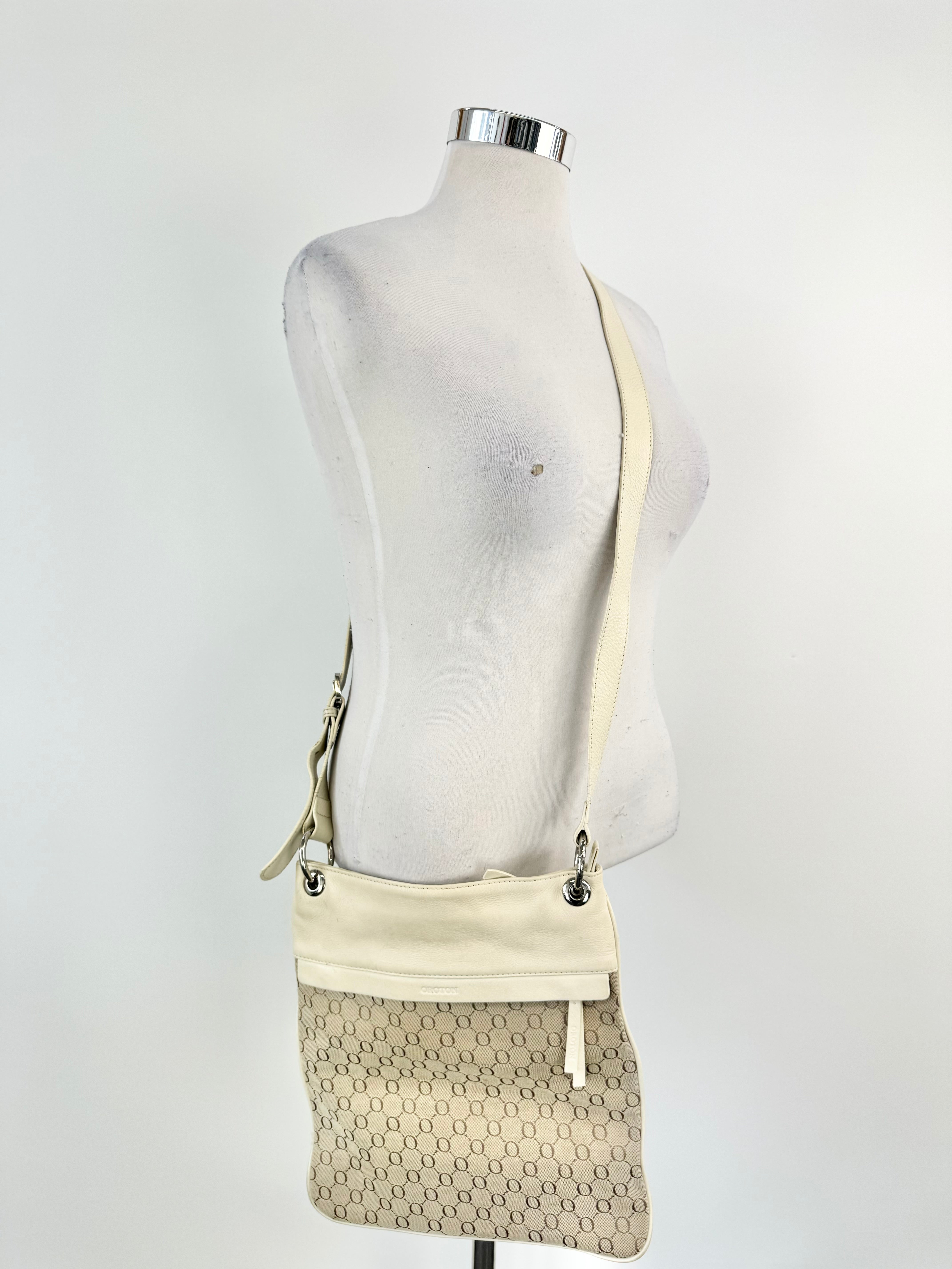 Oroton Cream Monogrammed Fabric & Leather Cross Body Bag