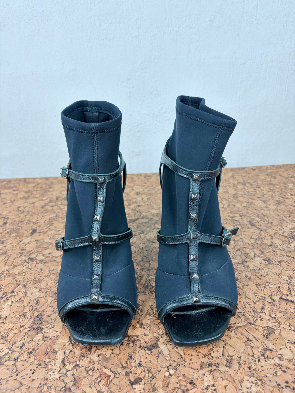 OVYÉ Black Neoprene & Leather Caged Studded Block Heels - EU39