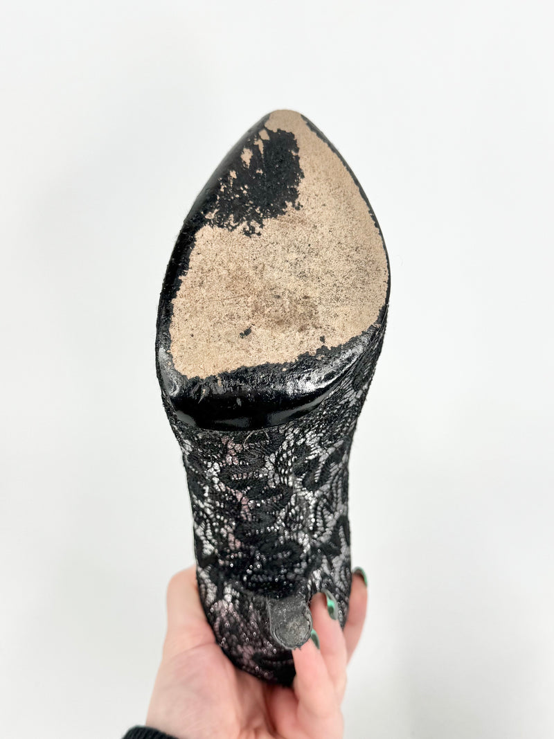 Dolce & Gabbana Silver & Black Squiggle Lace Patterned Stilettos - EU37