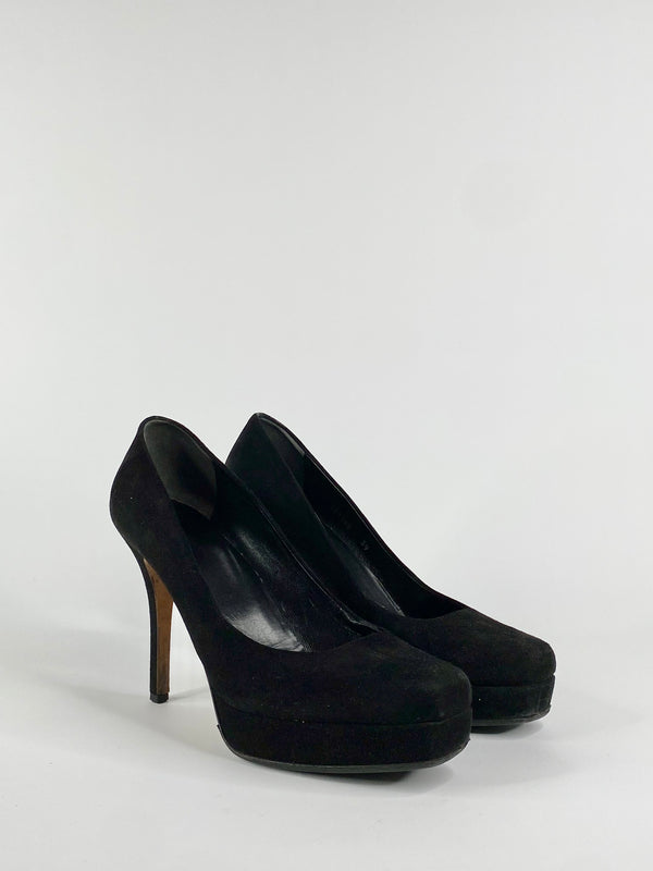 Gucci Black Suede Square Tip Pumps - EU38.5 & EU39