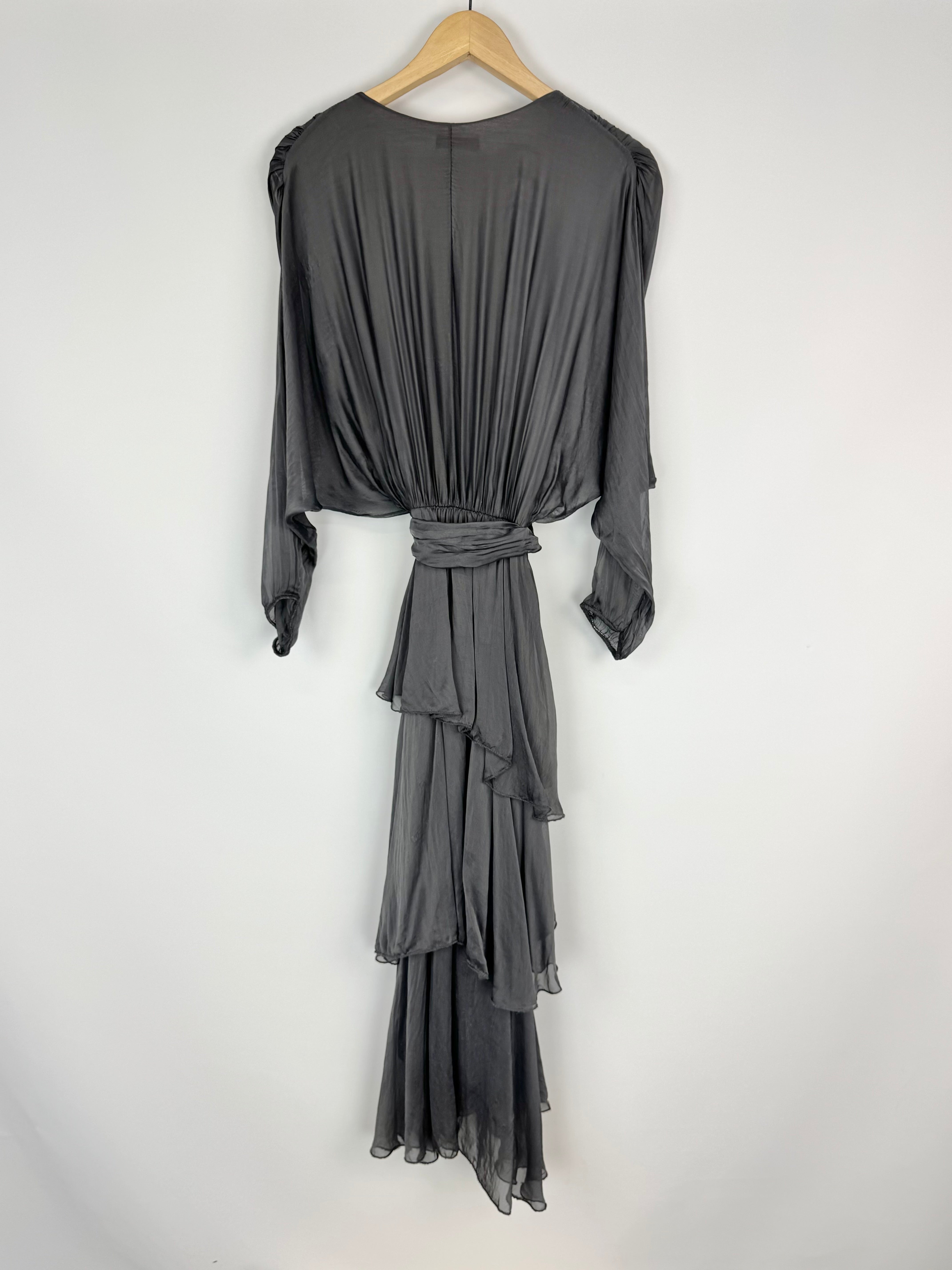 La Strada Smoke Grey Silk Tiered Maxi Dress - AU8/10