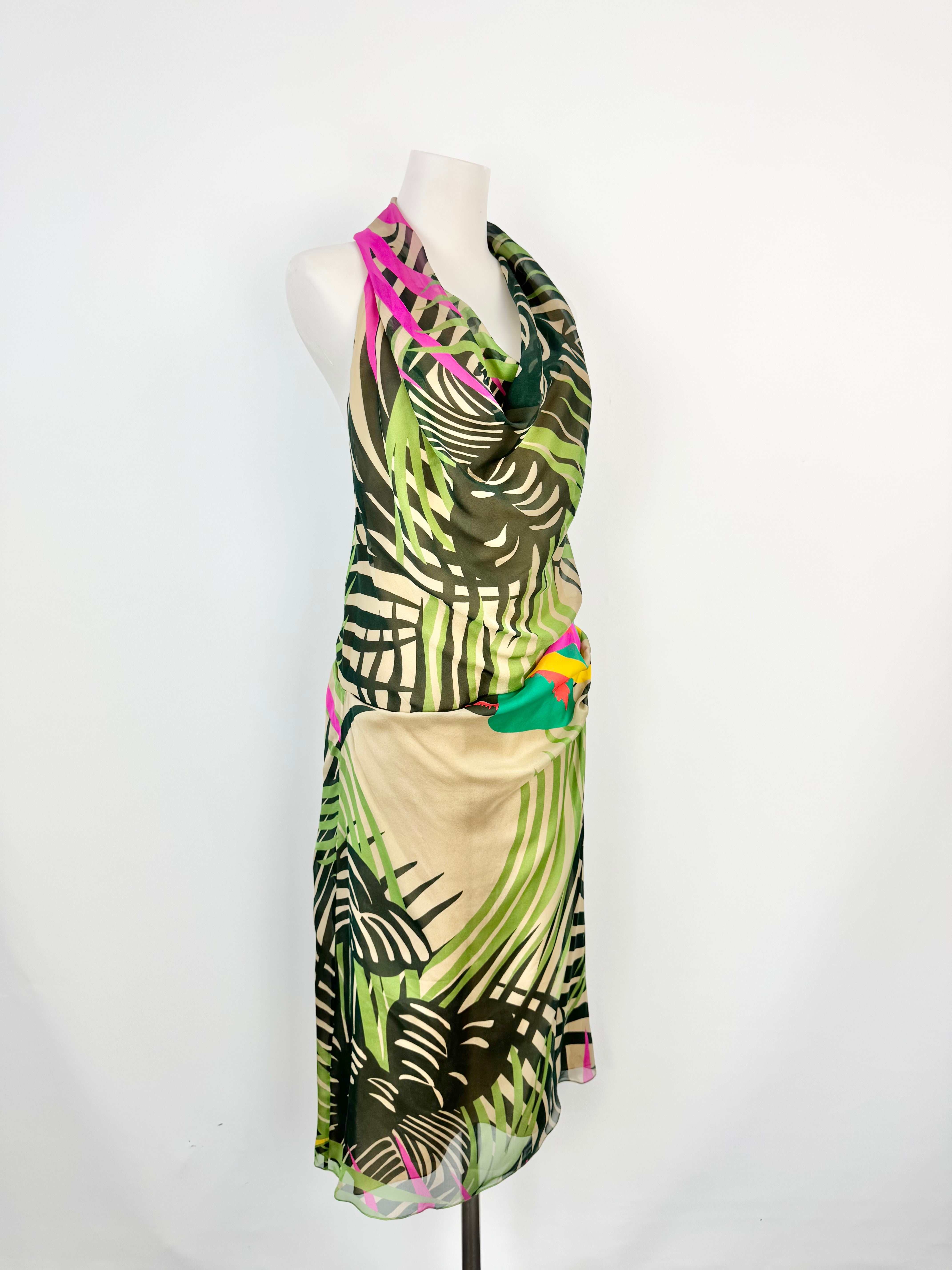 Alberta Ferreti Palm Patterned Silk Halter Neck Dress - AU12