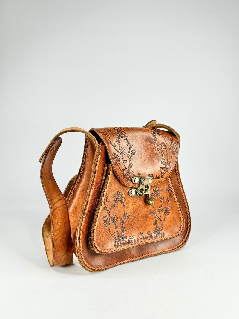 Hand Made Tan Cherry Blossom Stamped Leather Cross Body Bag