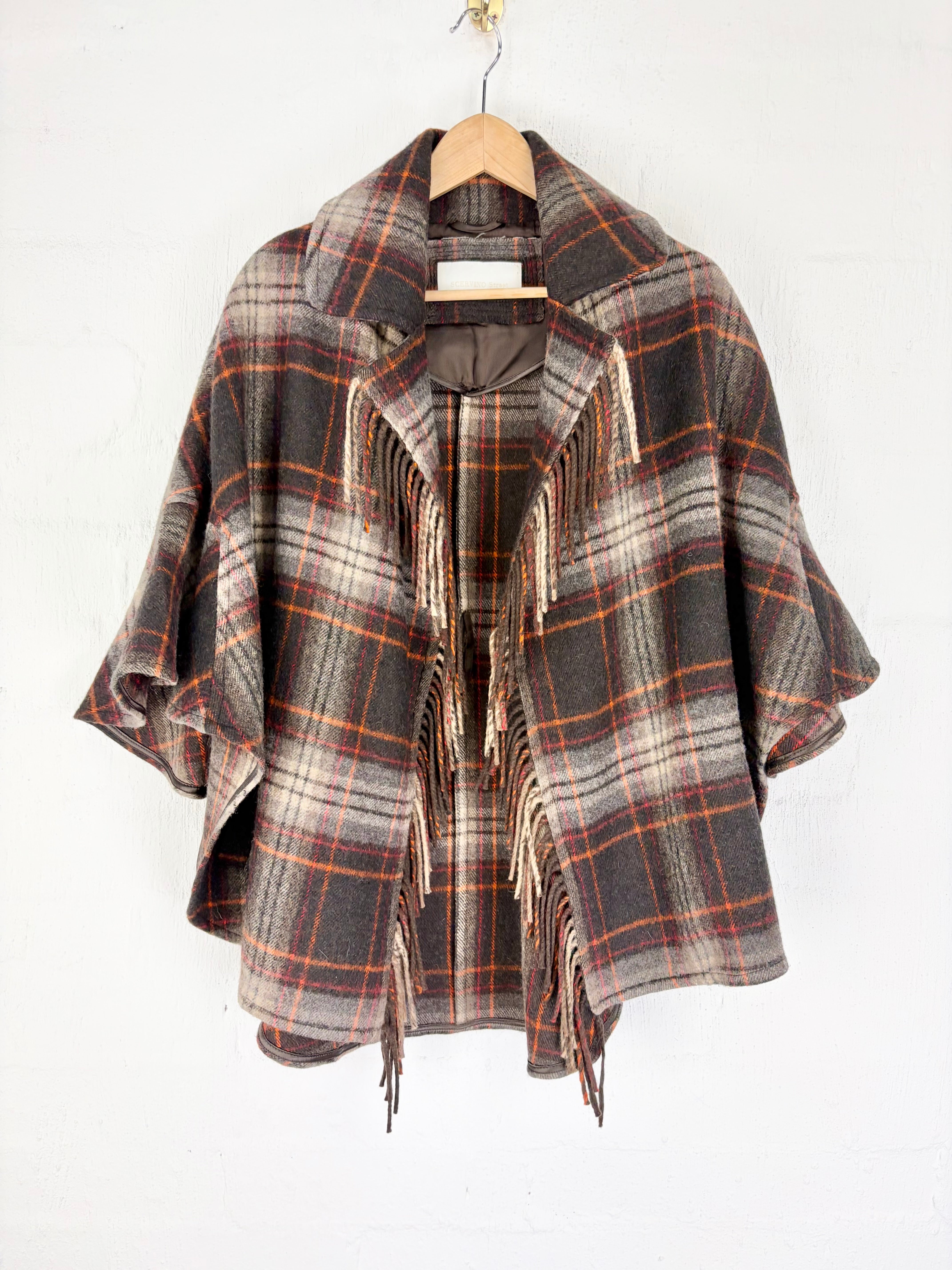 Ermanno Scervino Expresso Plaid Wool Fringed Poncho - AU8/10