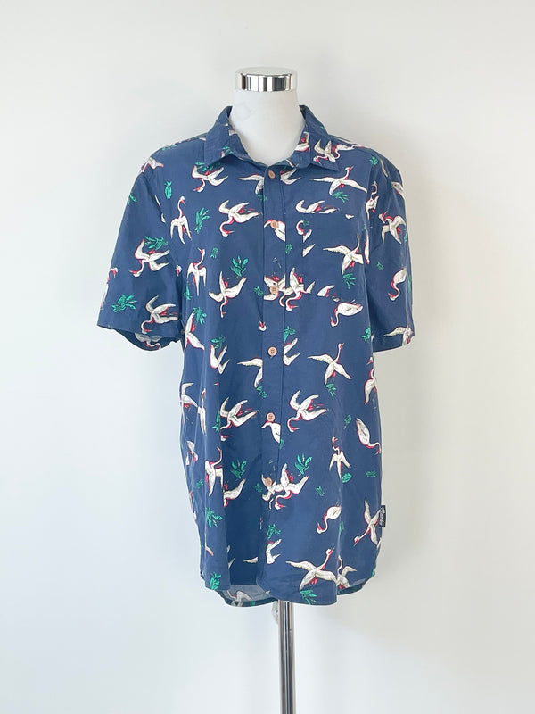 Mambo Navy Blue Crane Pattern Short Sleeve Shirt - M