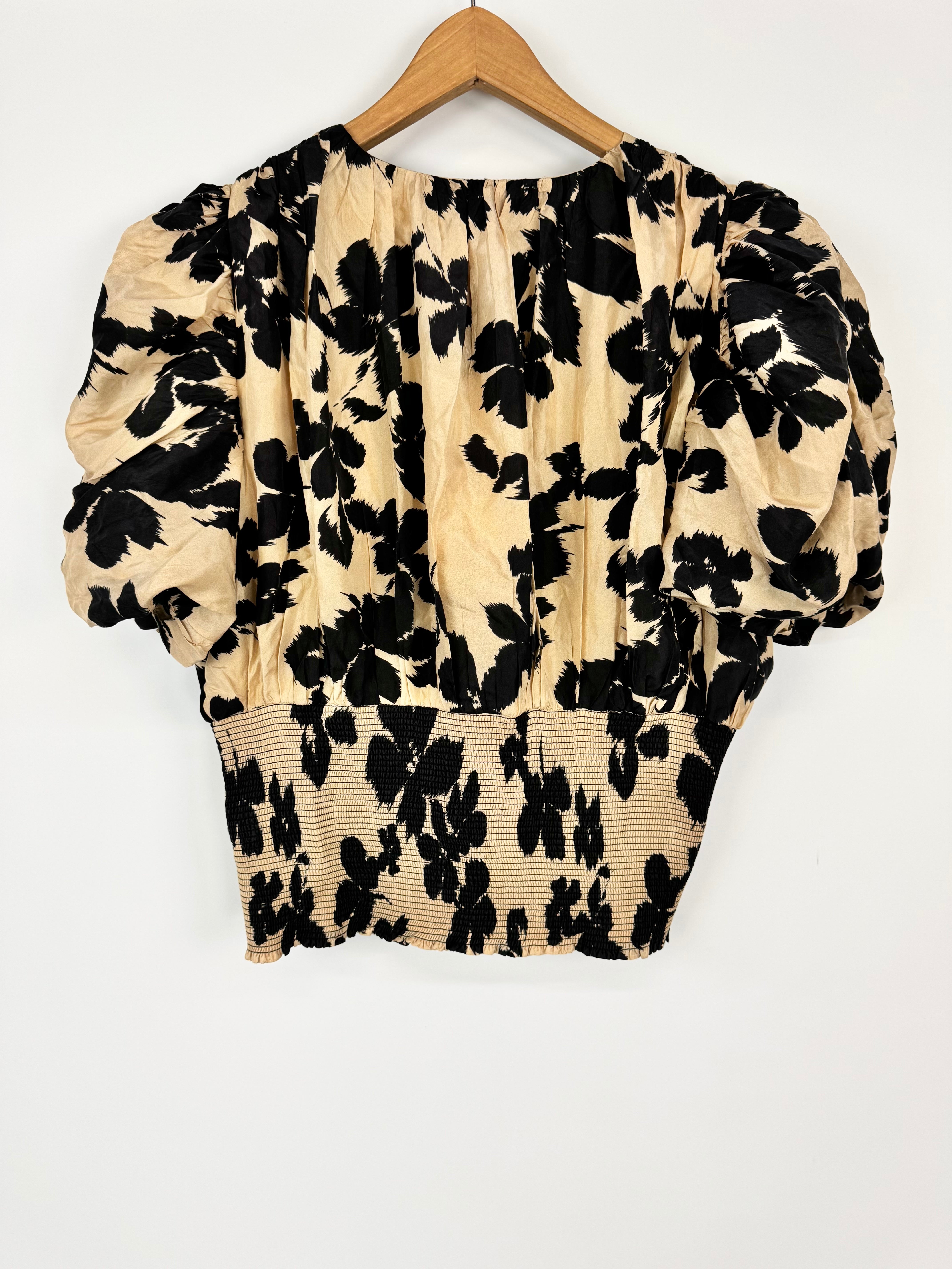 Husk Beige & Black Abstract Patterned Shirred Puff Sleeve Blouse - AU14