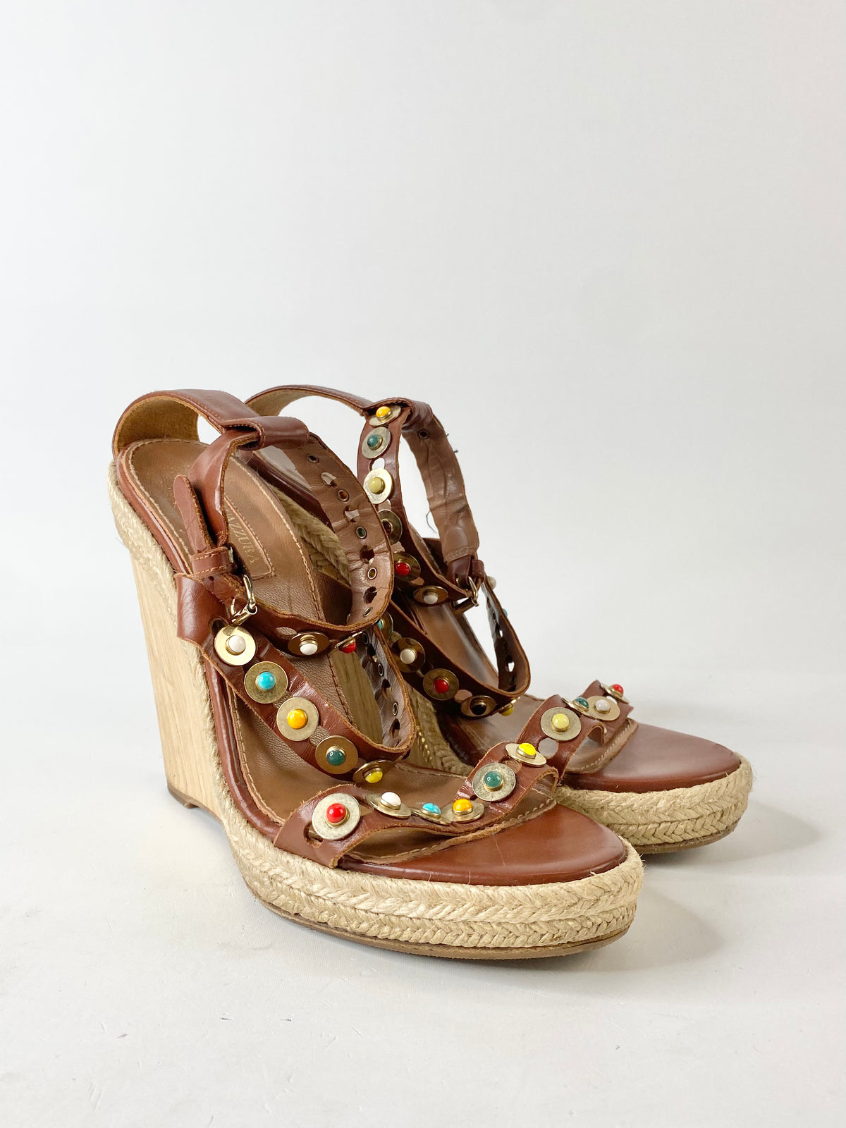 Aquazzura Tan Semi-Precious Stone Studded Wedges - EU38