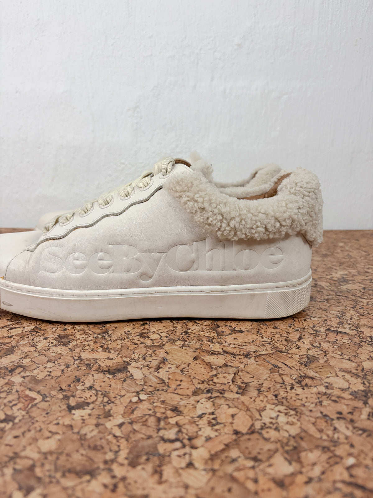 See by Chloé Ecru Shearling Trim Leather Lace Up Sneakers - EU40