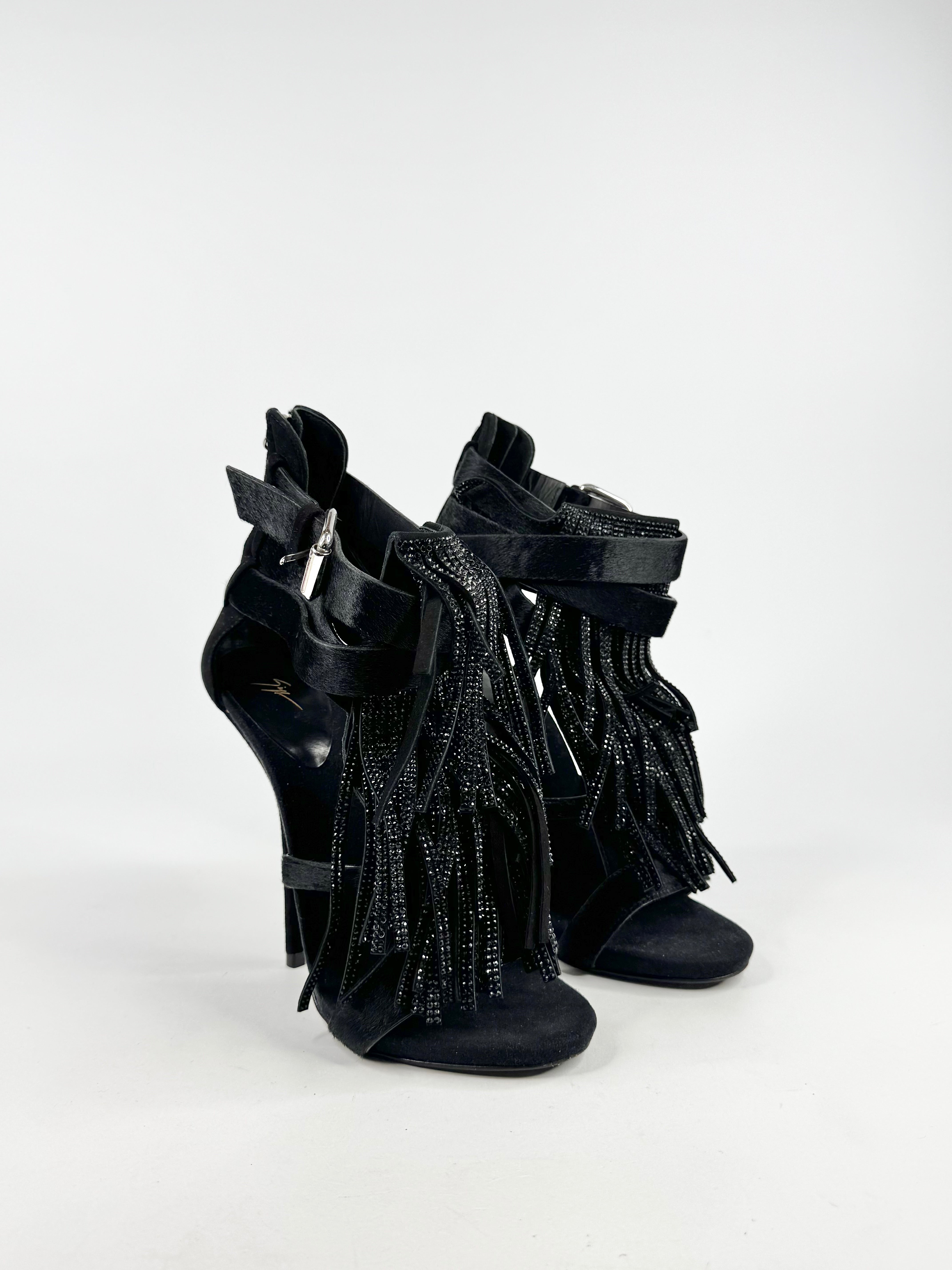 Giuseppe Zanotti Black Swarovski Embellished Fringed Leather Stilettos - EU39