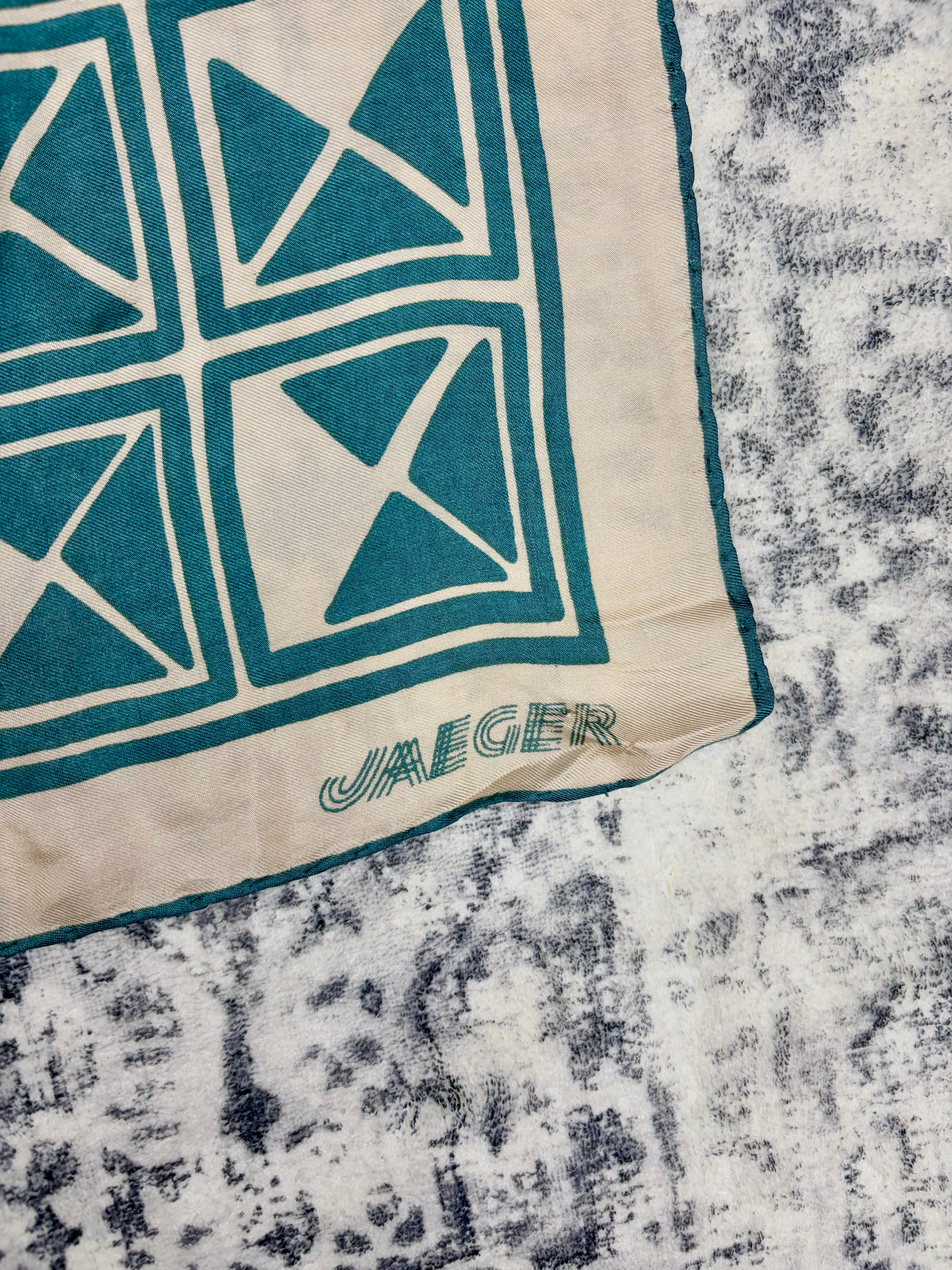 Vintage Jaeger Tourqouise and Cream Geometric Patterned Scarf