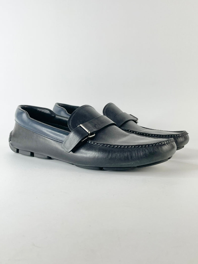 Prada Black & Navy Blue Leather Business Loafers - US10