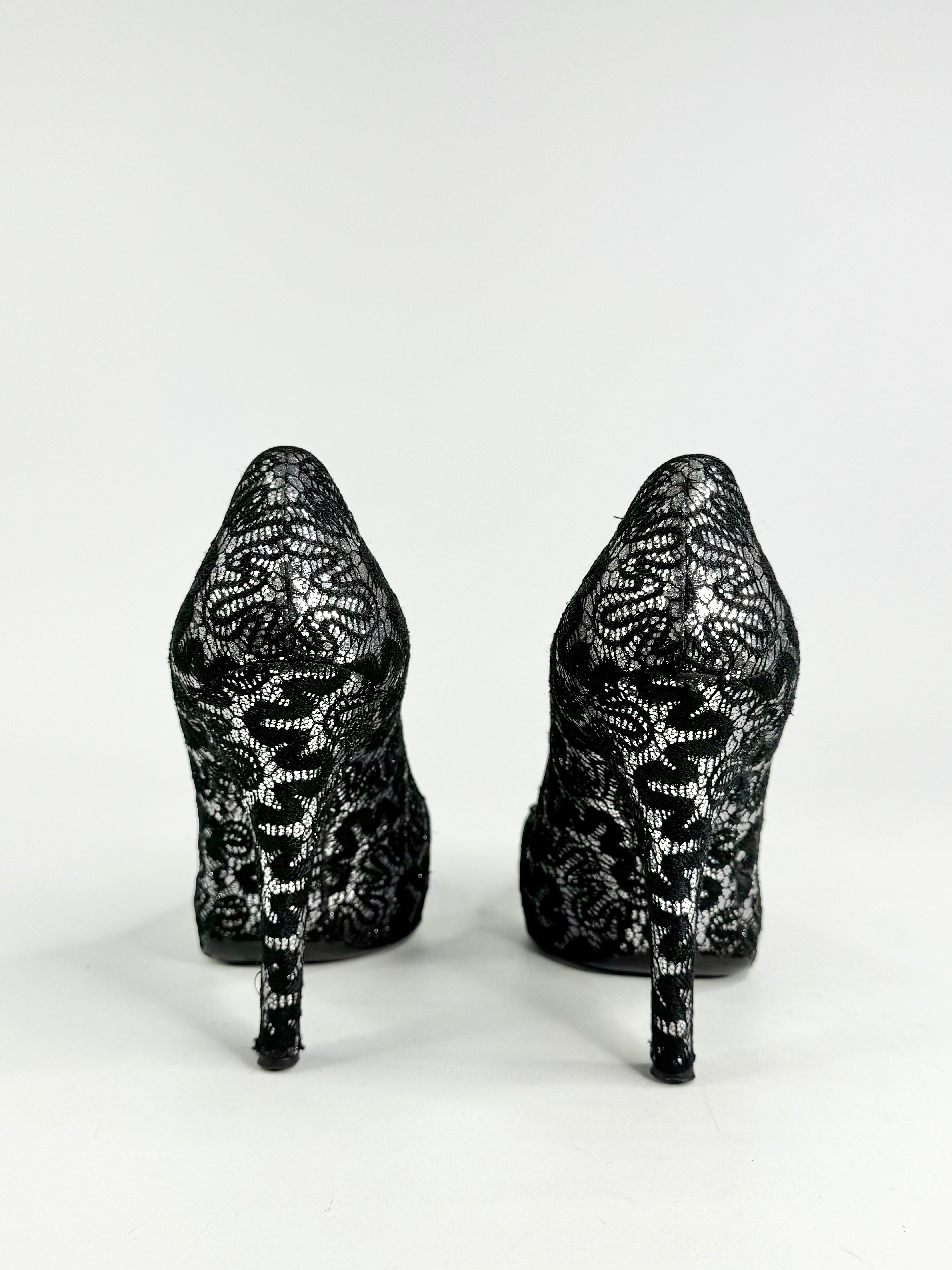 Dolce & Gabbana Silver & Black Squiggle Lace Patterned Stilettos - EU37