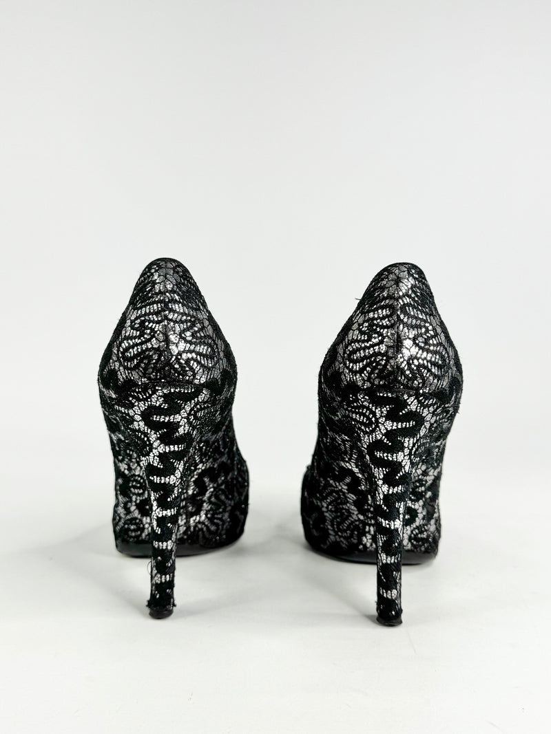 Dolce & Gabbana Silver & Black Squiggle Lace Patterned Stilettos - EU37