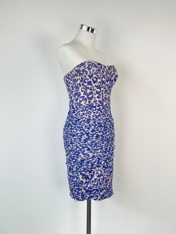 Nicholas Blue Animal Print Ruffled Strapless Silk Dress - AU8