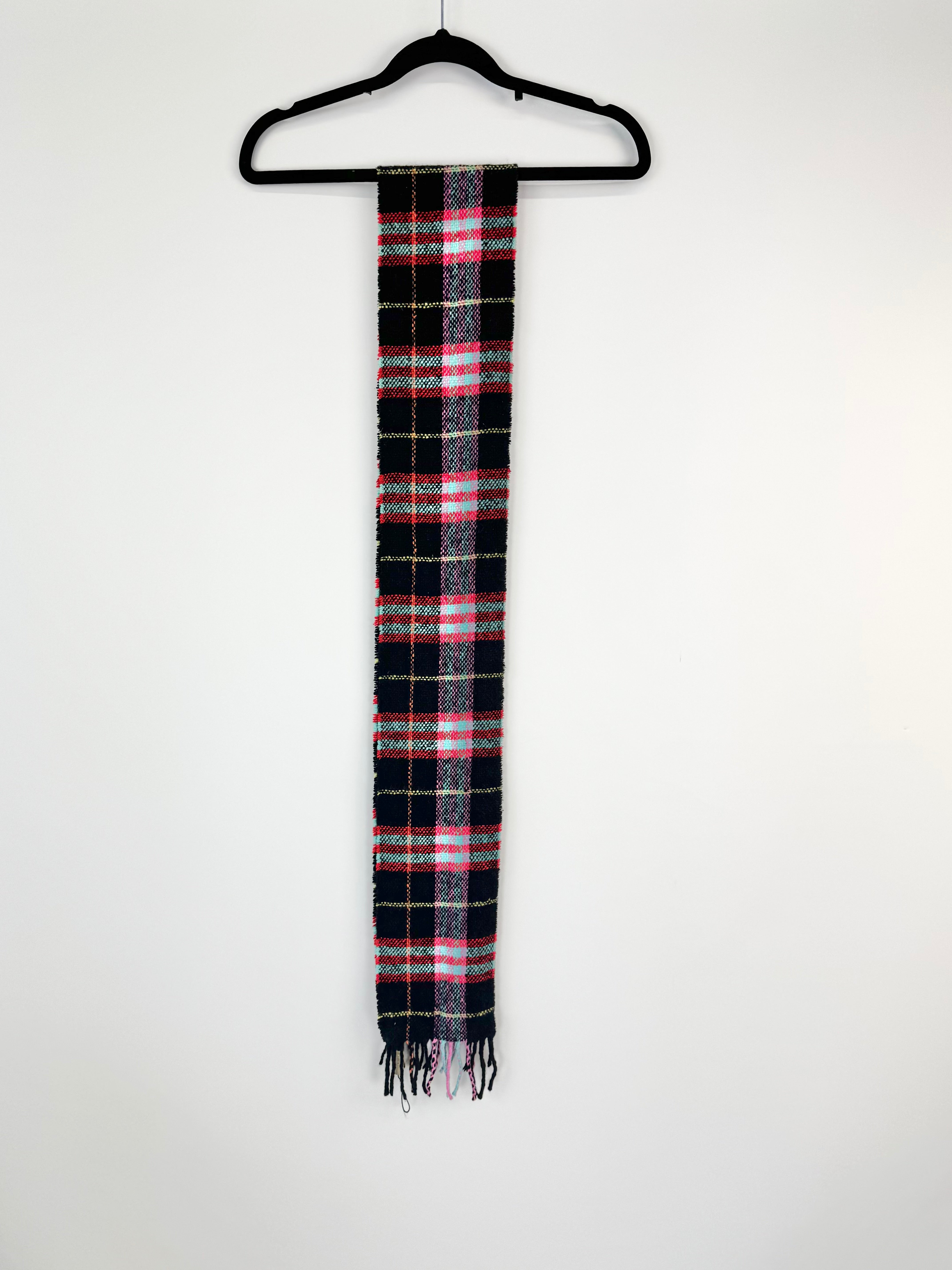 Burberry London Black, Pink, Red & Blue Plaid Angora Blend Woven Scarf