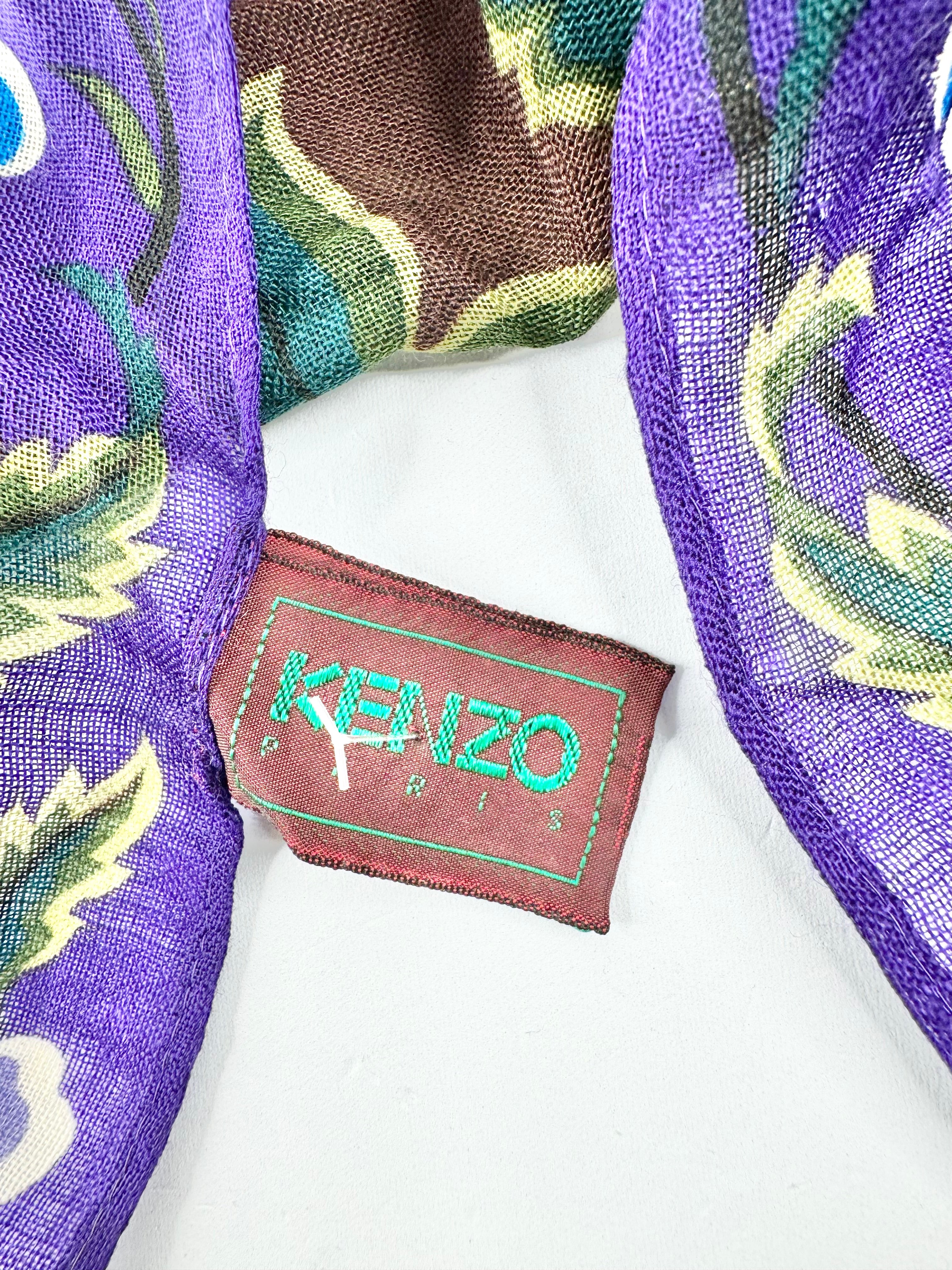 Vintage Kenzo Purple & Brown Retro Floral Pattern Scarf