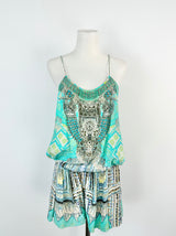 Camilla Aqua Geometric Silk Playsuit - AU10