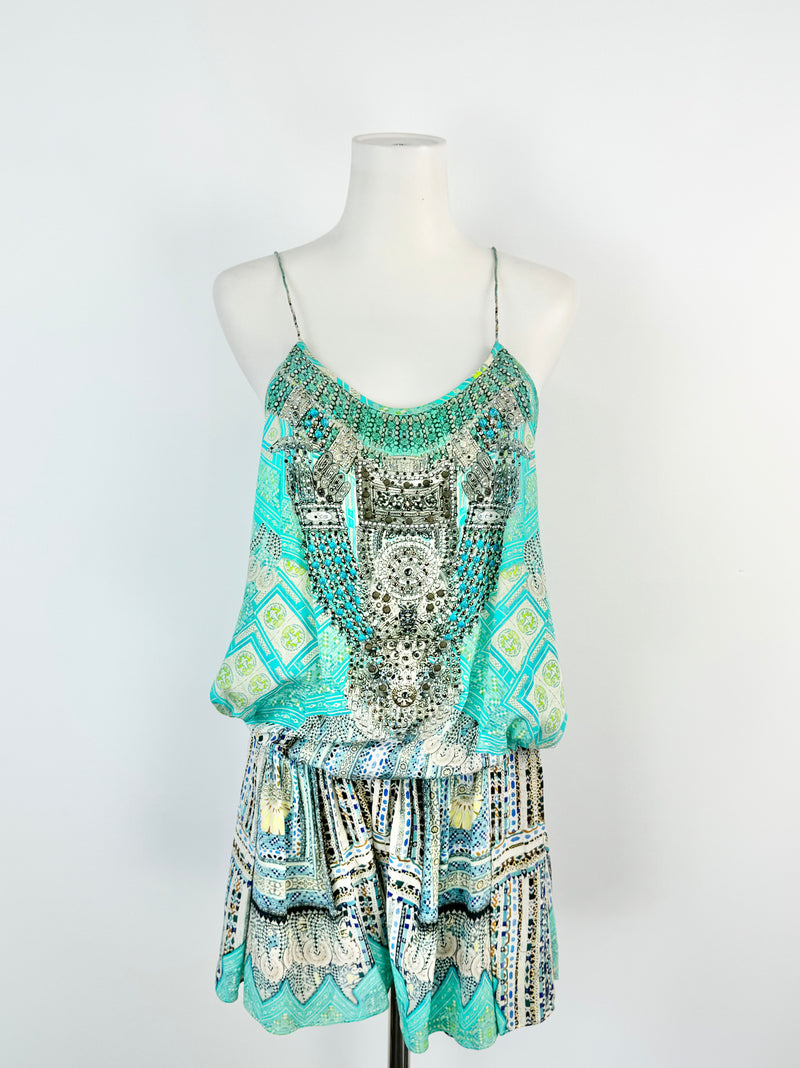 Camilla Aqua Geometric Silk Playsuit - AU10
