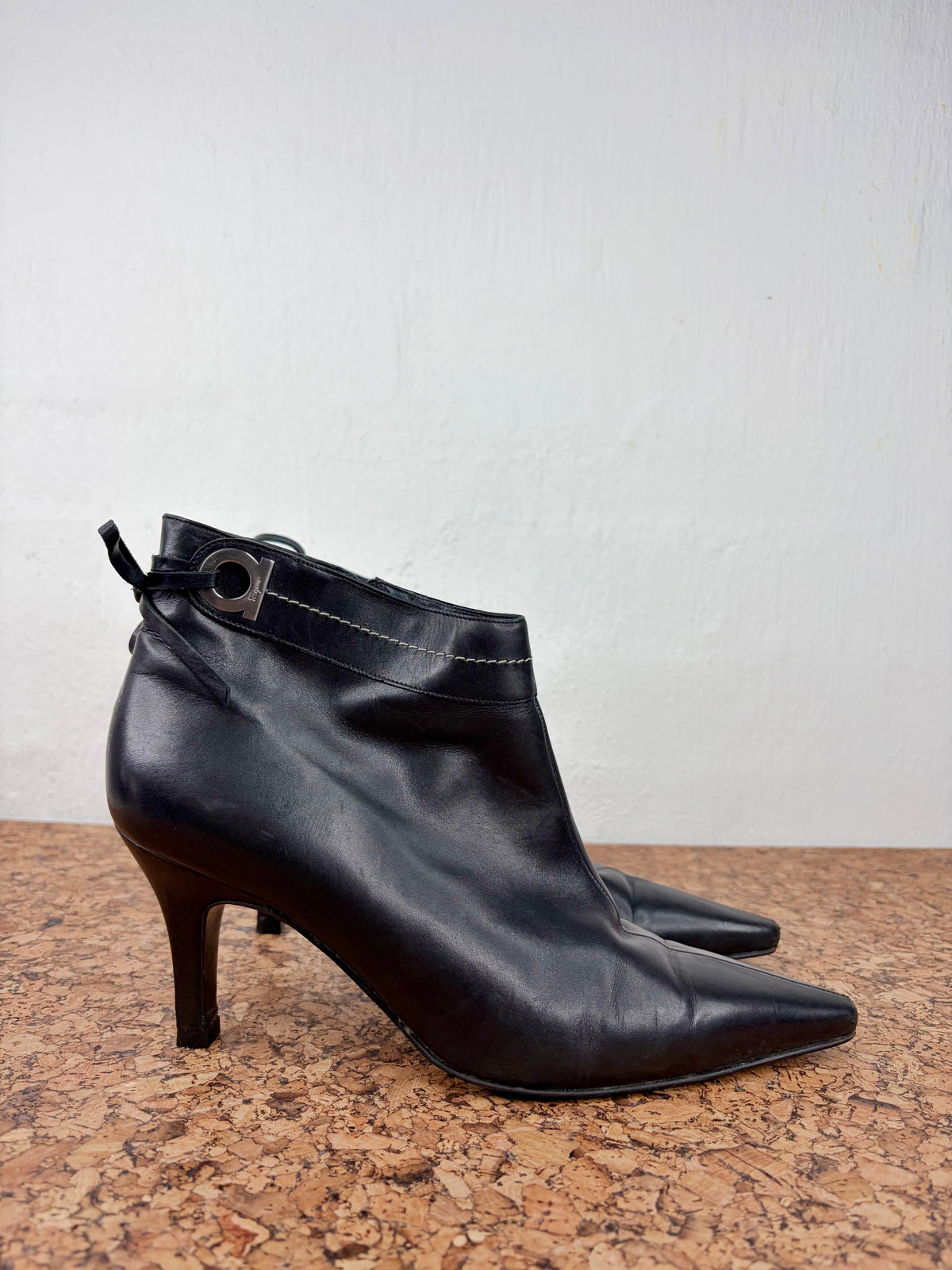 Salvatore Ferragamo Smooth Black Leather Pointed Toe Ankle Boots - EU40