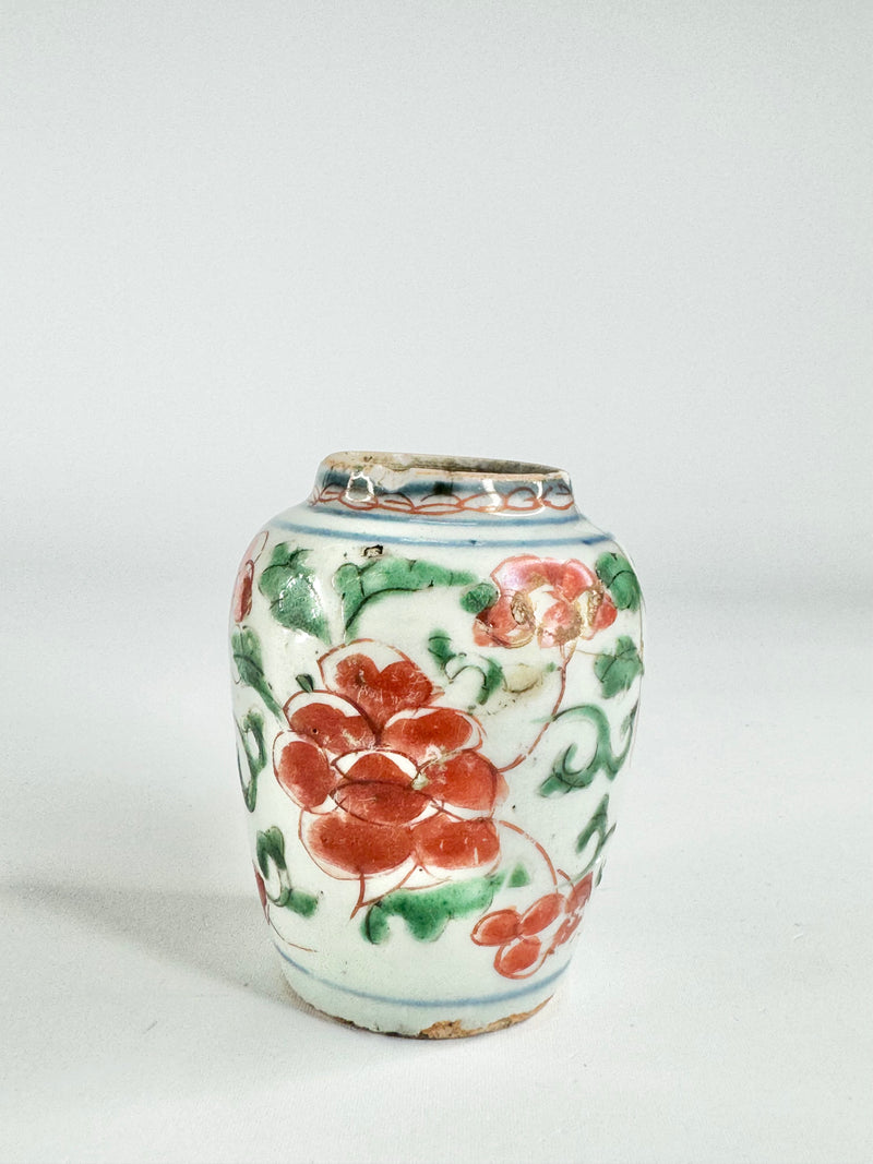 Antique Red & Green Hand Painted Floral Vase
