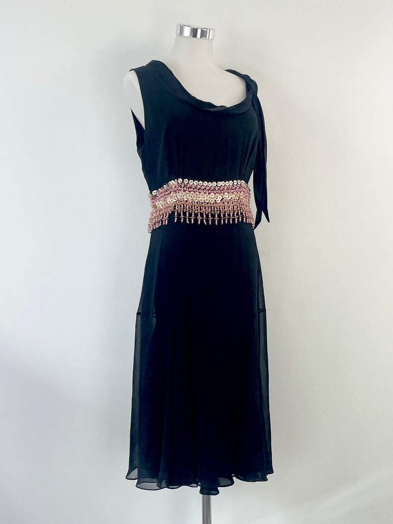 Colette Dinnigan Black Silk Glass-Beaded Midi Dress - AU10