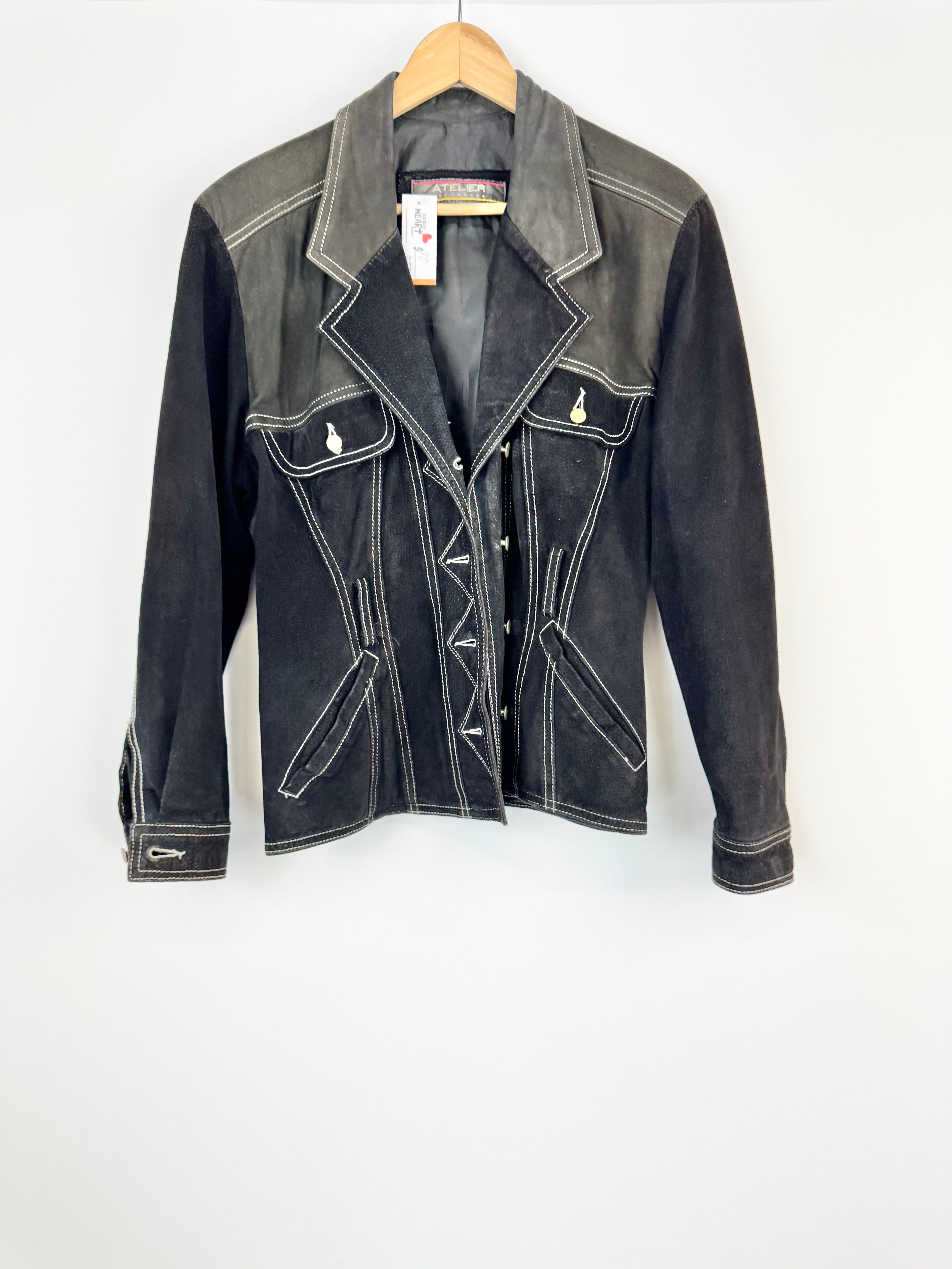 Atelier Black White Stitch Suede Leather Jacket - AU8