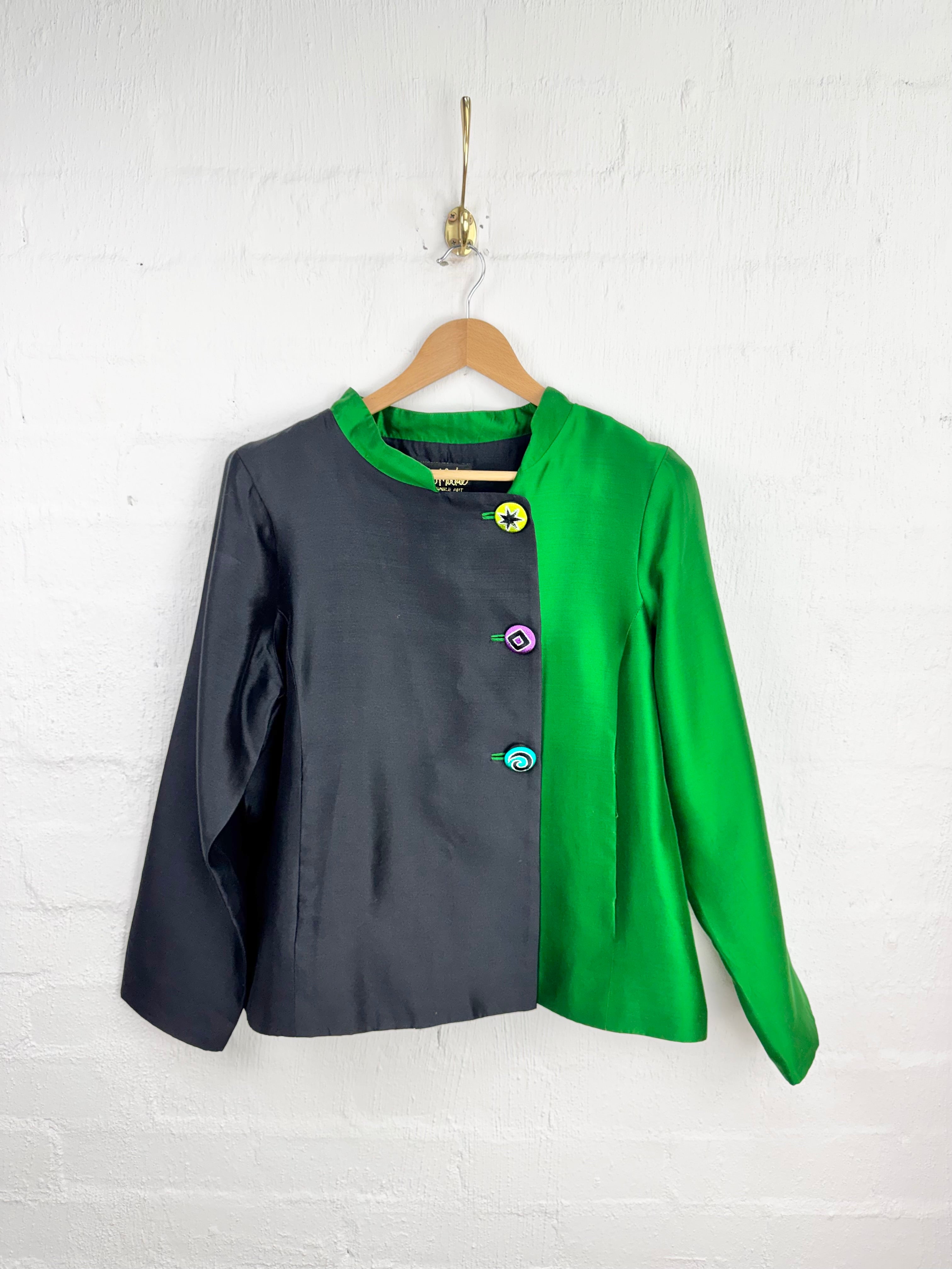 Bob Mackie Wearable Art Emerald Green & Black Silk Evening Jacket - AU12