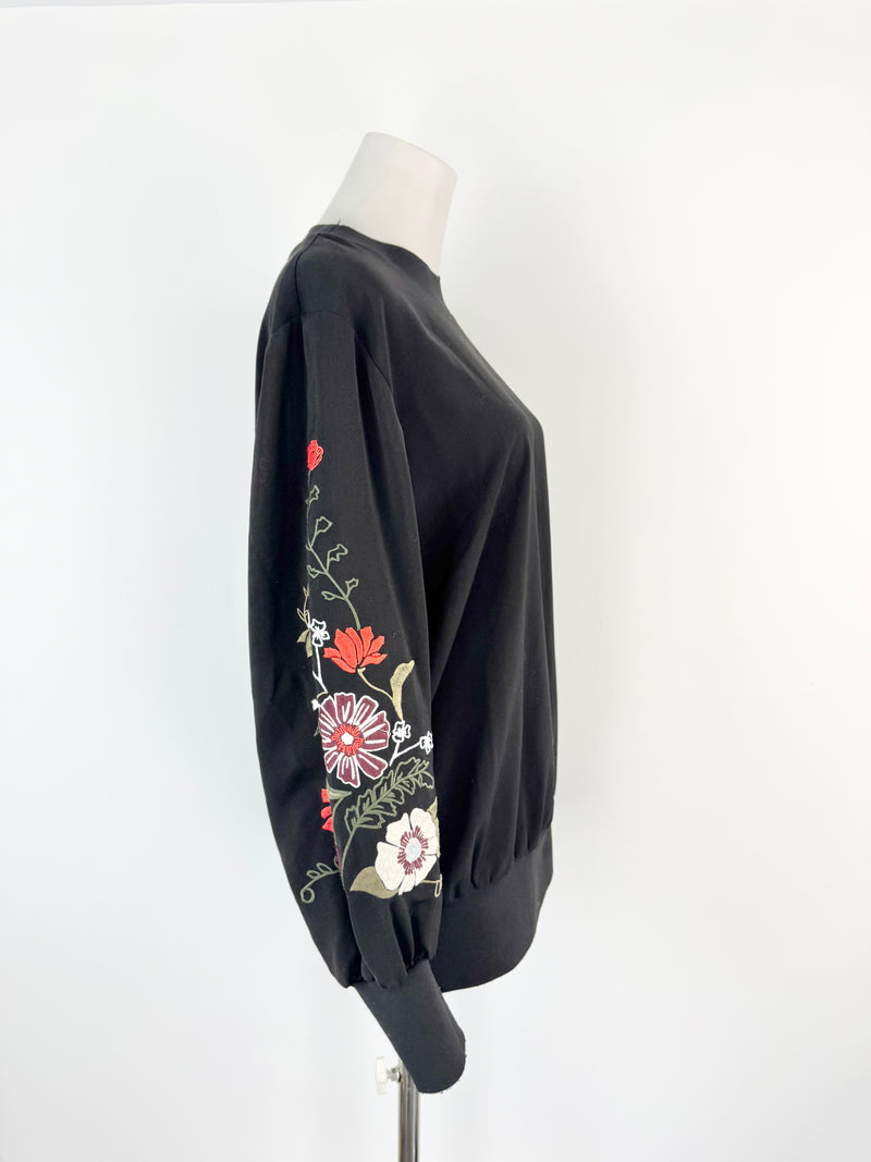 Veronika Maine Black Floral Embroidered Bishop Sleeve Blouse - AU8