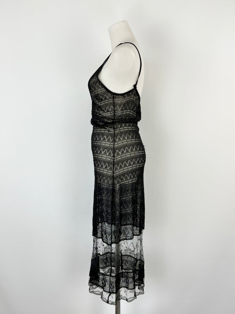 Collette Dinnigan Black Sheer-Lace Slip Dress - AU10/12