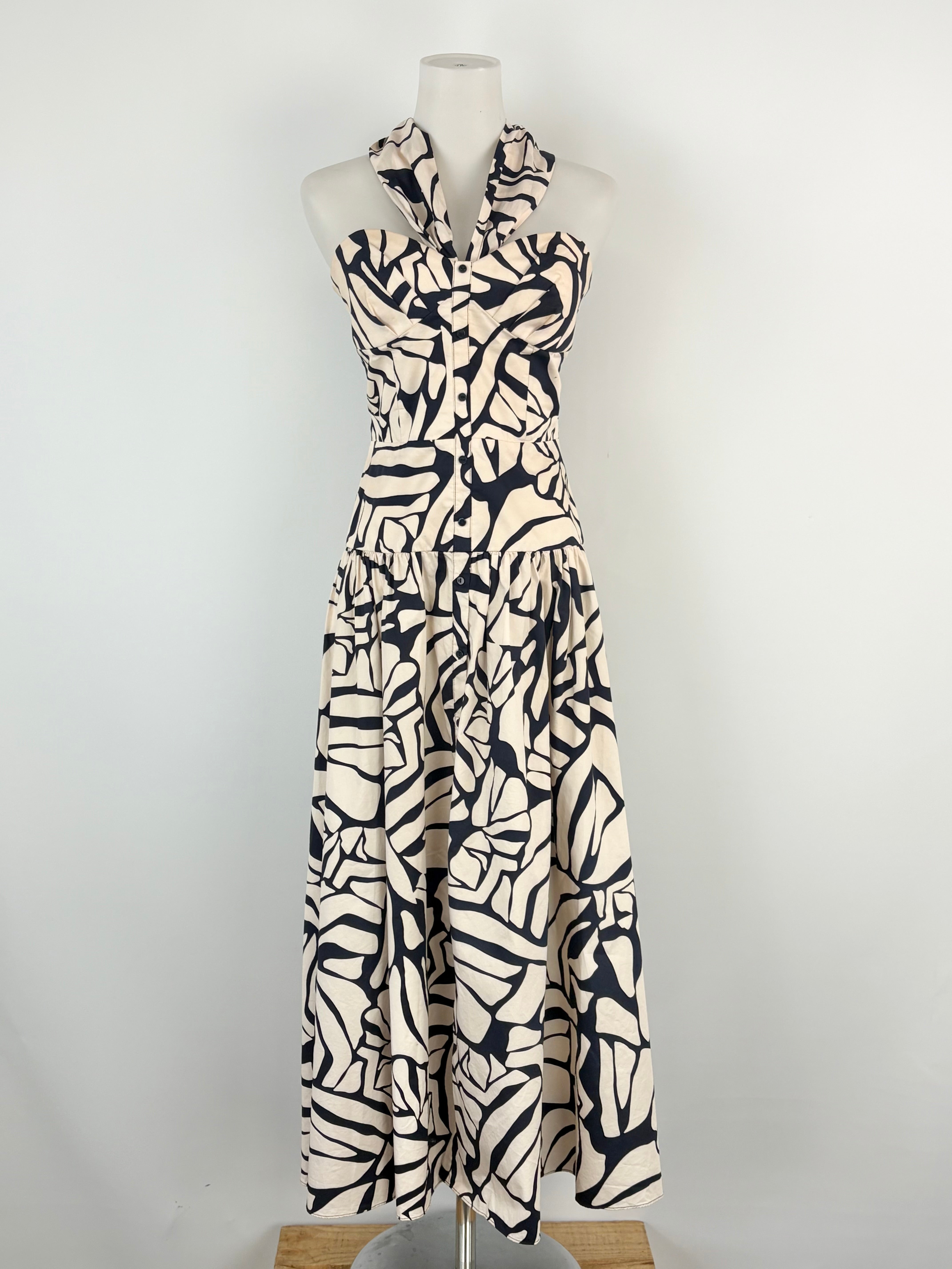 Husk Black & Beige Abstract Print Crisp-Cotton Strapless Dress - AU8