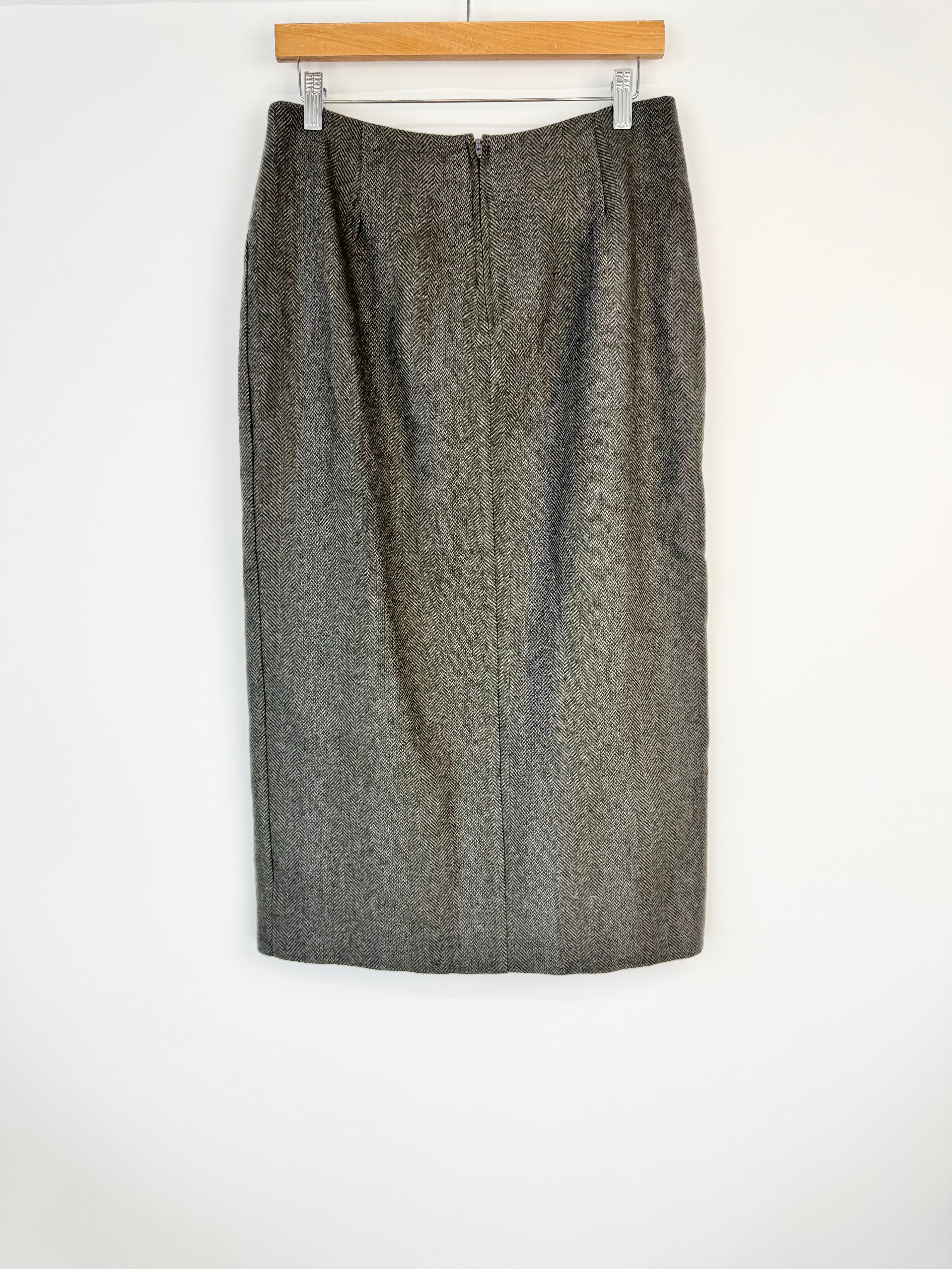 Vintage 80s 209 by Barbara Green Blue & Brown Herringbone Wool Midi Skirt - AU10/12