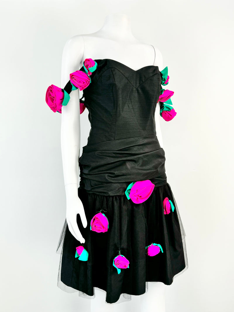 Vintage What's This Black & Bright Pink Rosette Dress - AU6