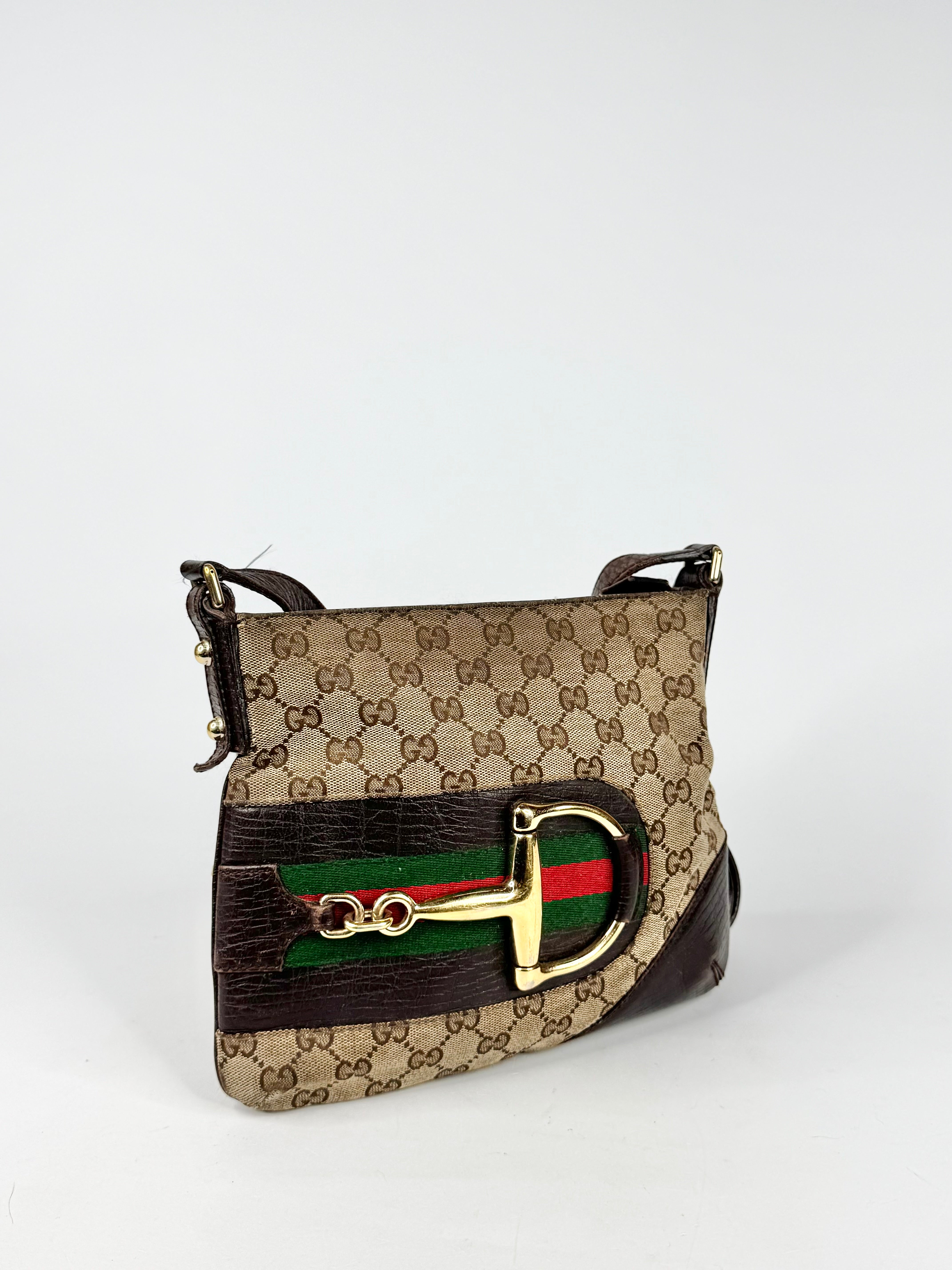Vintage Gucci GG Canvas Horsebit Sherry Line Shoulder Bag Brown Beige