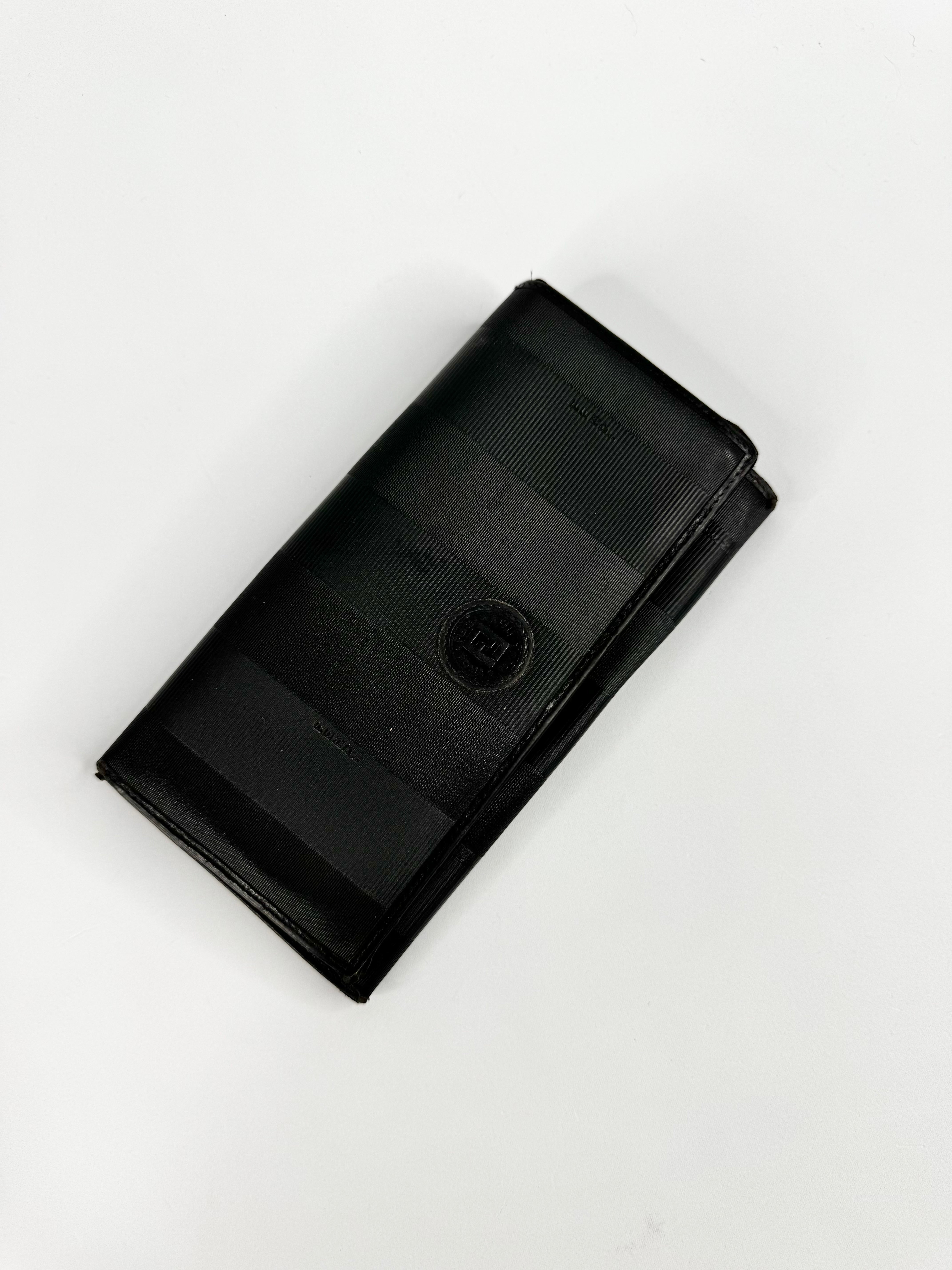Vintage 90s Fendi Black Canvas & Leather Striped Wallet