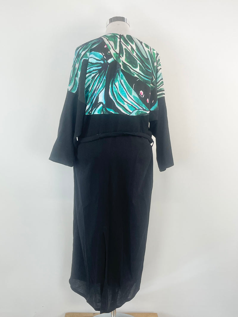 Anntian Patterned Teal Silk & Black Wool Contrast Dress - O/S