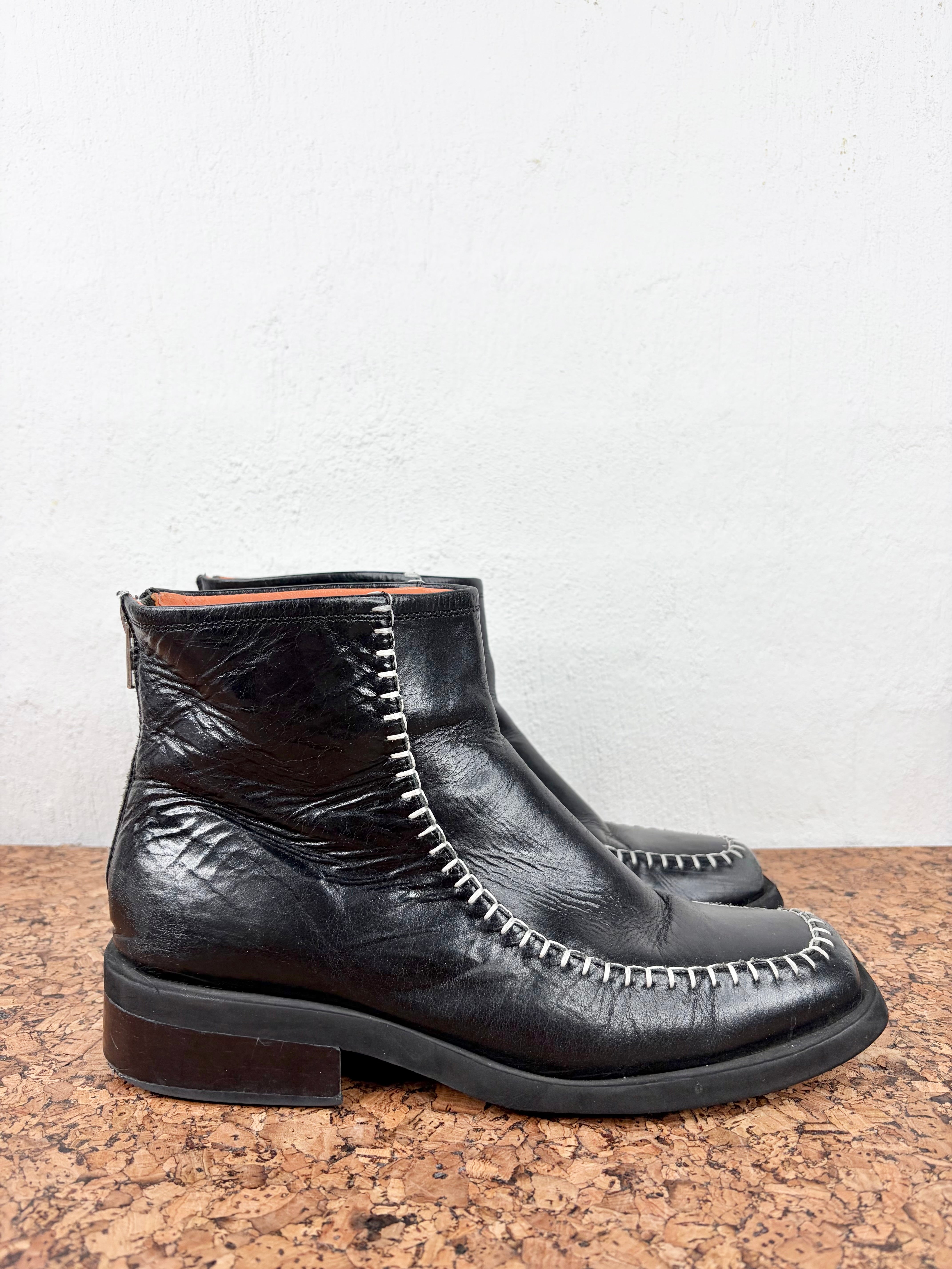 Radical Yes! Black Square Toe Boot with White Contrast Stitch - EU41